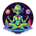 Psychedelic green alien meditating in yoga lotus pose on UFO with planets, stars, neon flames cosmic scene