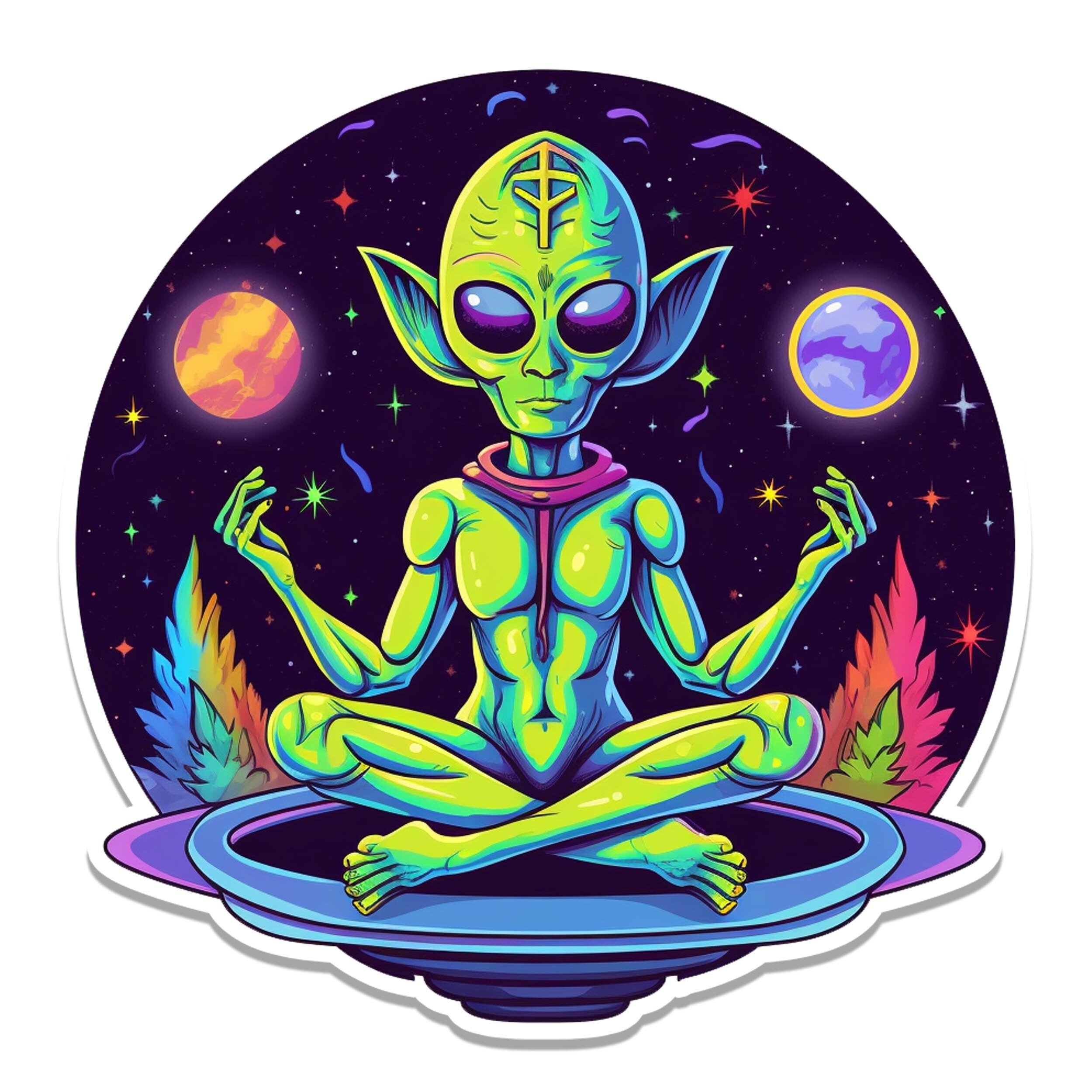 Psychedelic green alien meditating in yoga lotus pose on UFO with planets, stars, neon flames cosmic scene