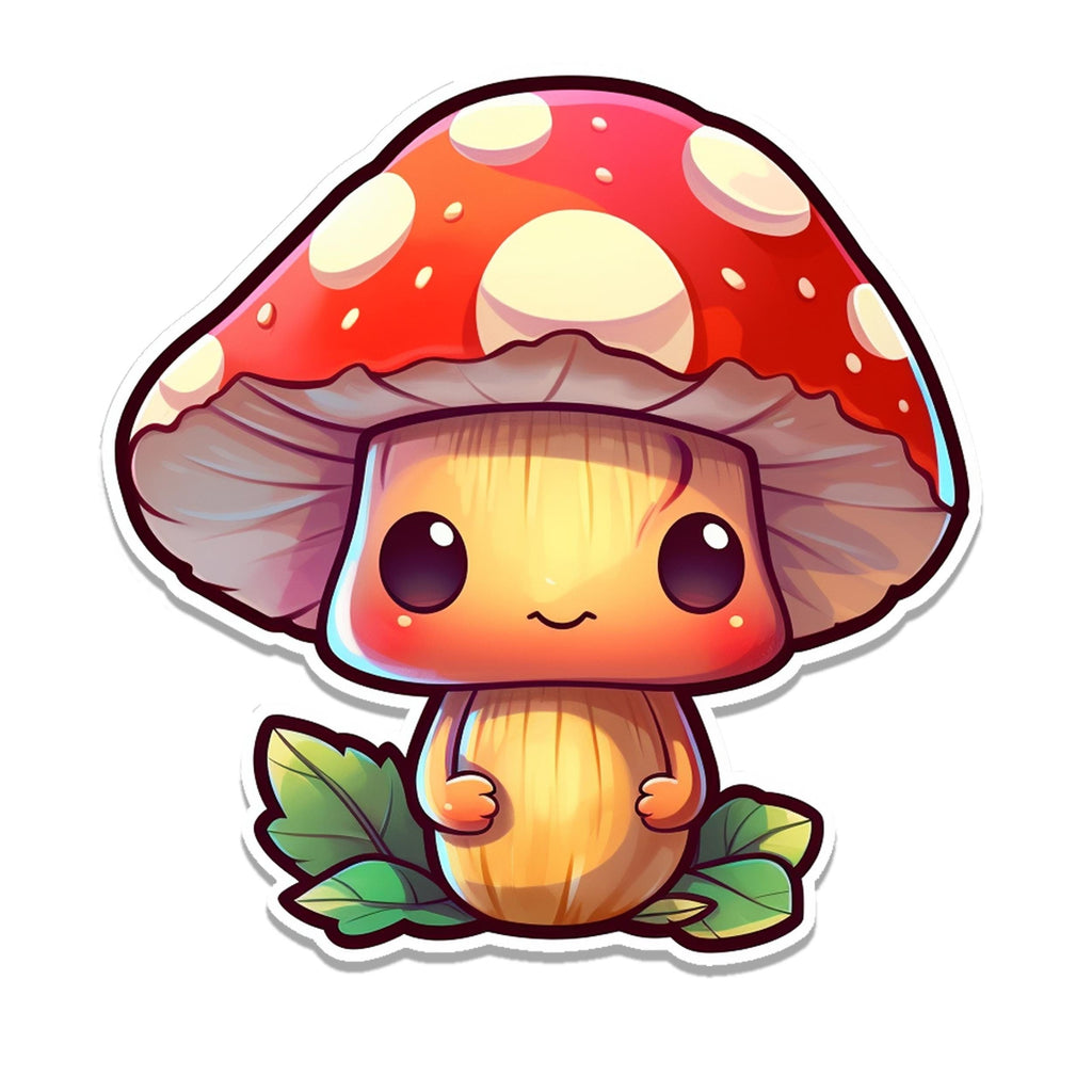 Chibi mushroom sticker with red and cream spotted cap, kawaii face, green leaves, on white background