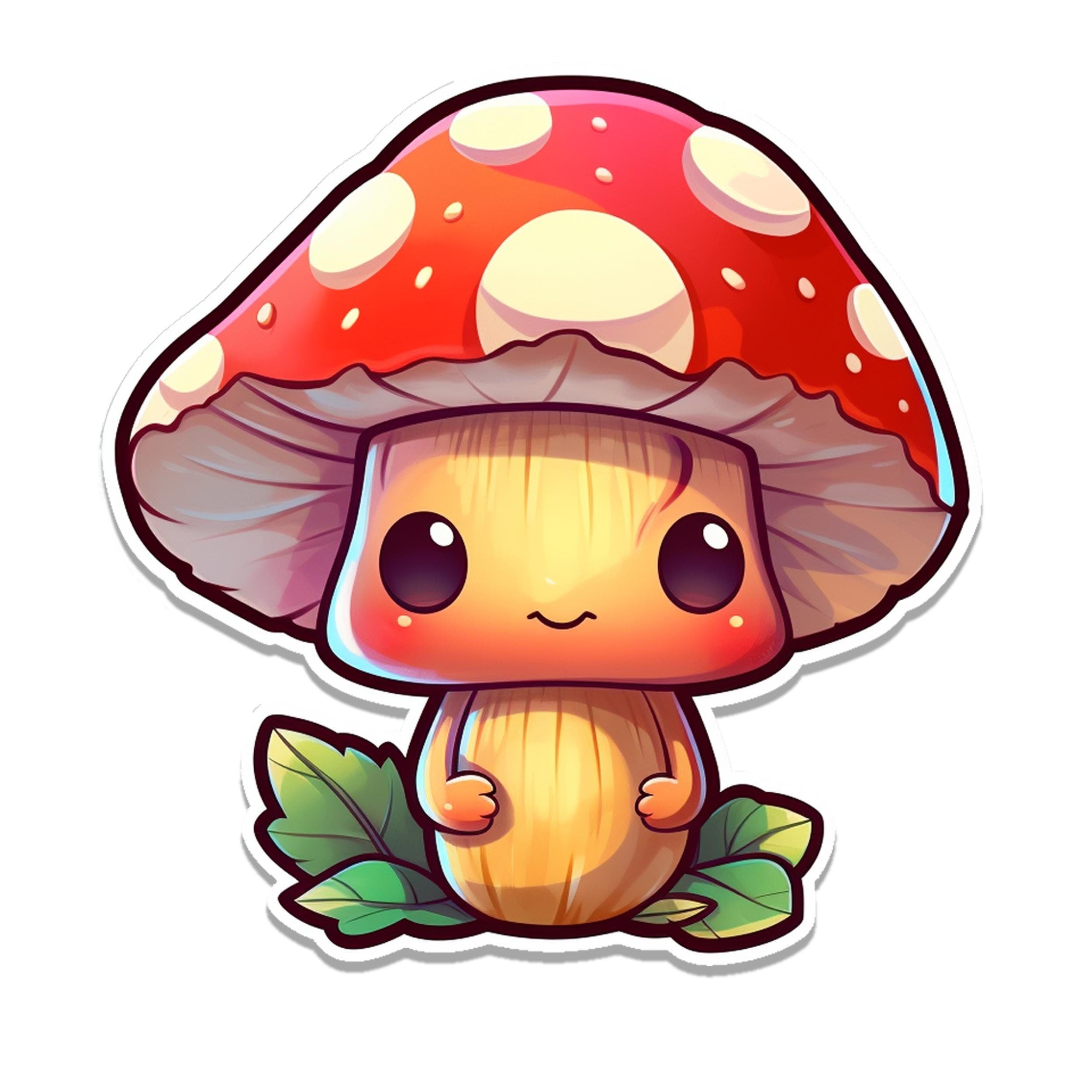 Chibi mushroom sticker with red and cream spotted cap, kawaii face, green leaves, on white background