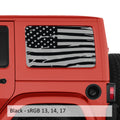 Black tattered American flag transfer decal installed on JKU hardtop window of red Jeep Wrangler