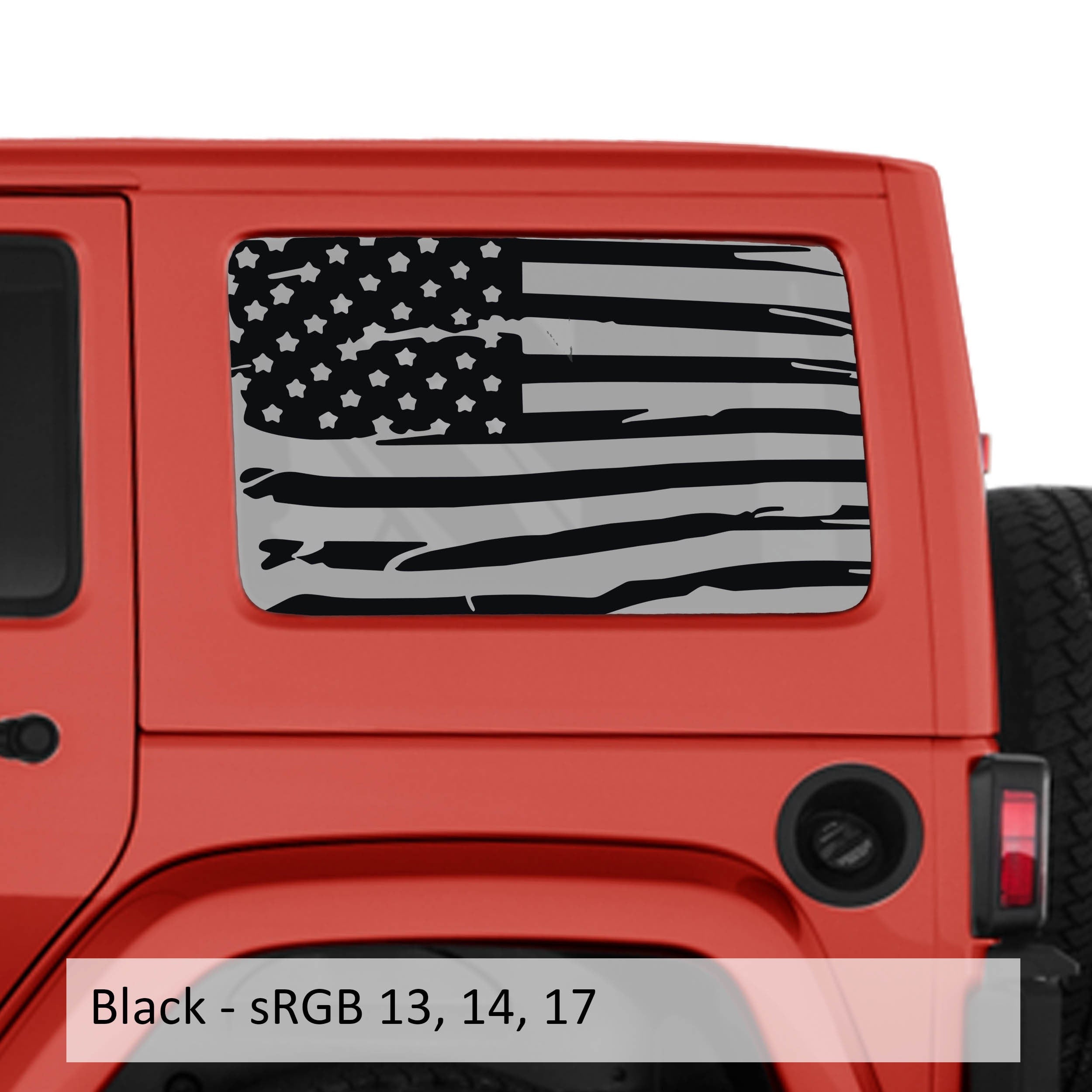 Black tattered American flag transfer decal installed on JKU hardtop window of red Jeep Wrangler
