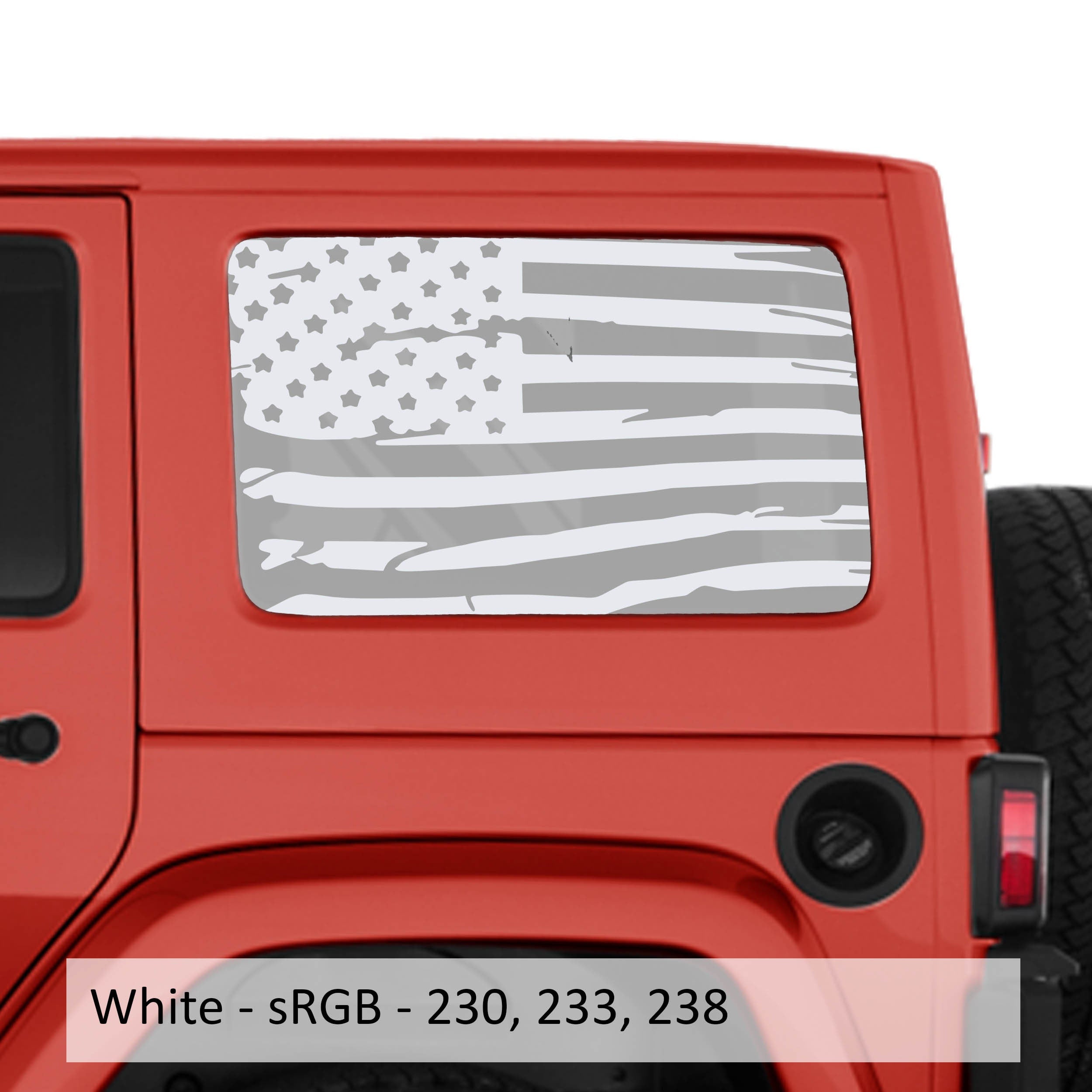 White tattered American flag transfer decal installed on JKU hardtop window of red Jeep Wrangler