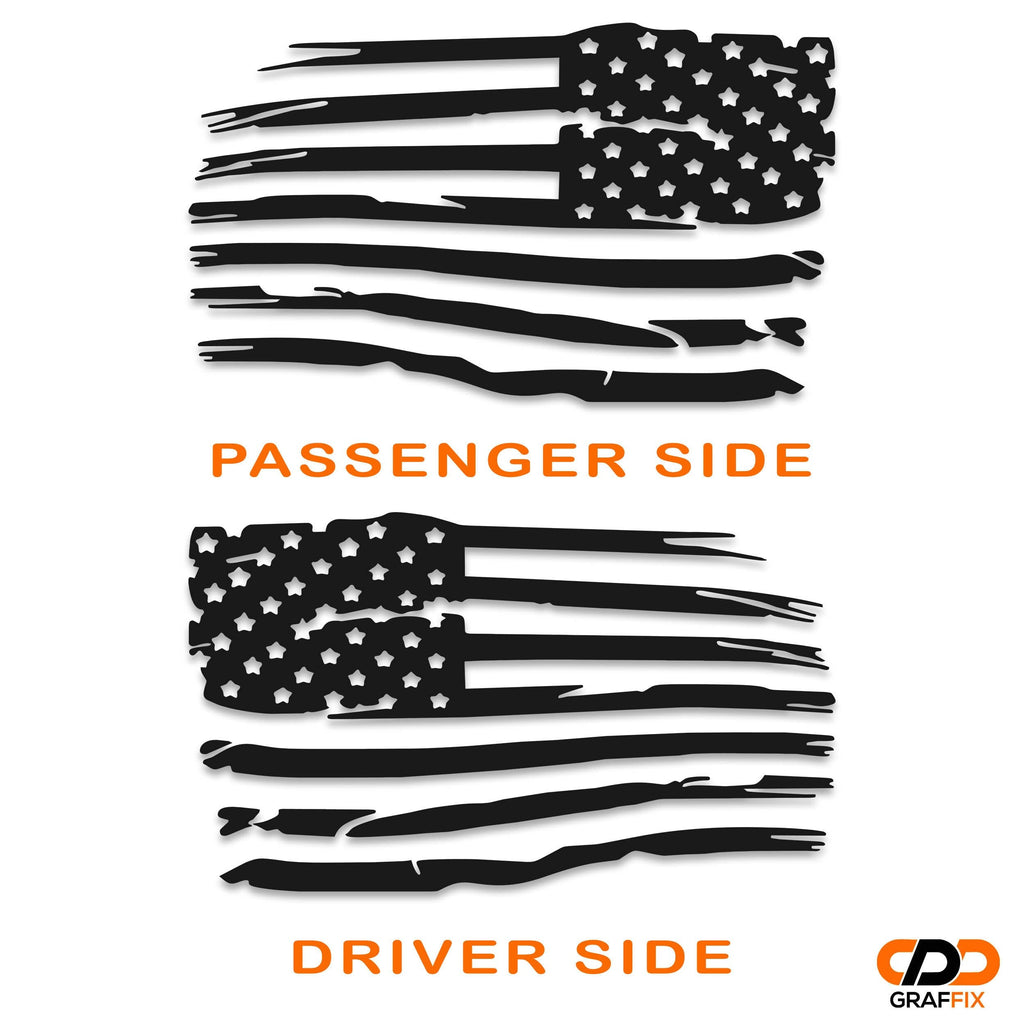 Tattered American flag transfer decal installed on JKU hardtop window of red Jeep Wrangler shown in color