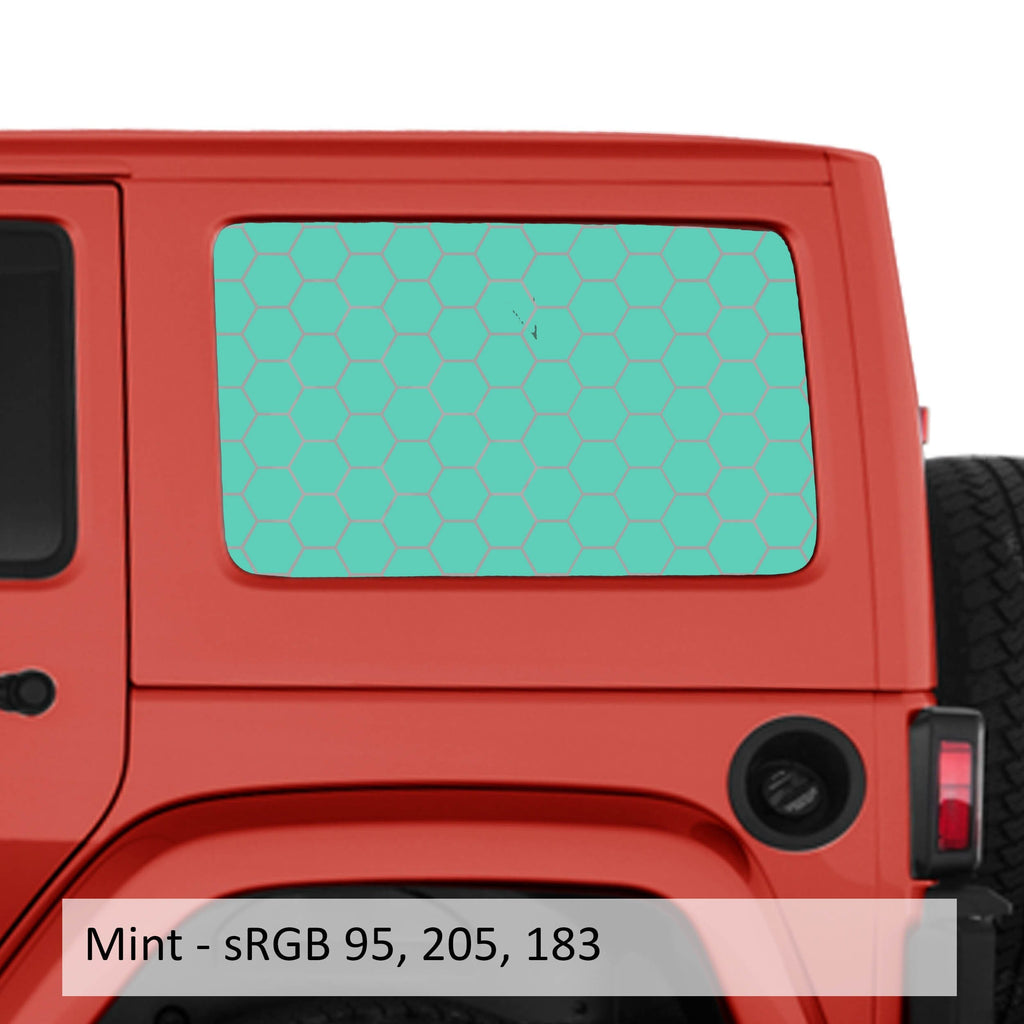 Sky blue honeycomb hex mesh pattern hardtop window decal pair installed on red Jeep Wrangler JKU