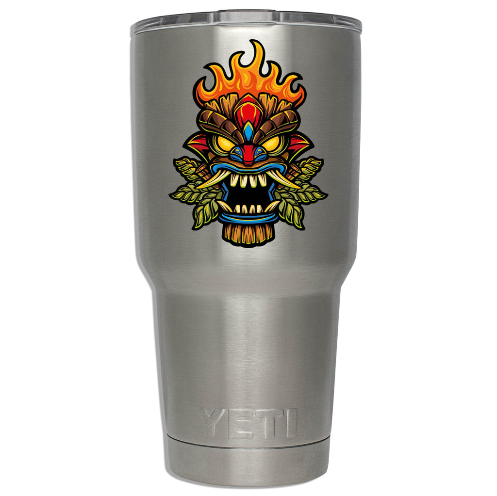 Fire Tiki Mask Vinyl Sticker Luau Hawaiian Totem Cup Laptop Water Bottle Cooler Car Window Decal Tropical Summer Party Vibe Gift