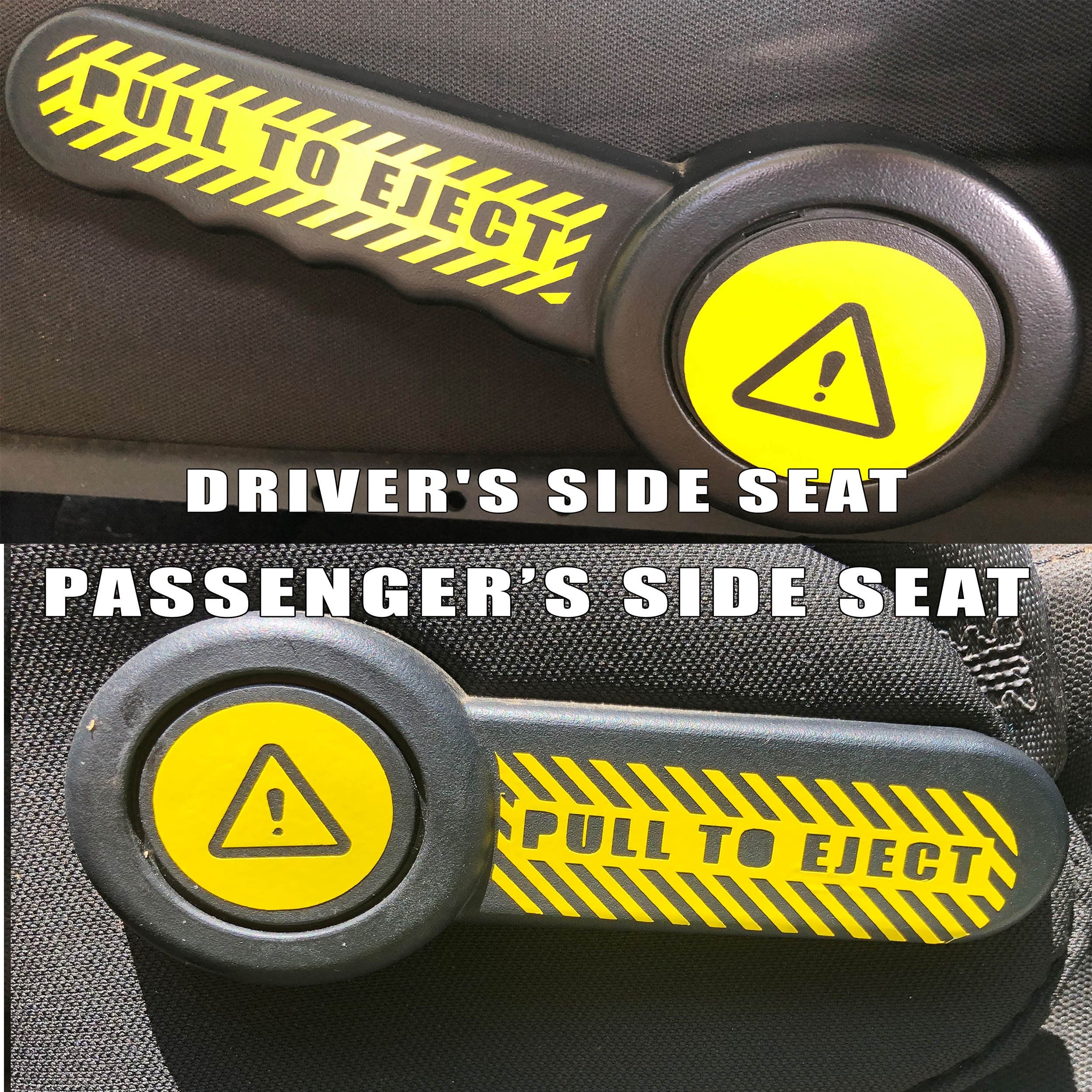 Yellow Pull to Eject seat lever decal set showing driver and passenger side orientation reference