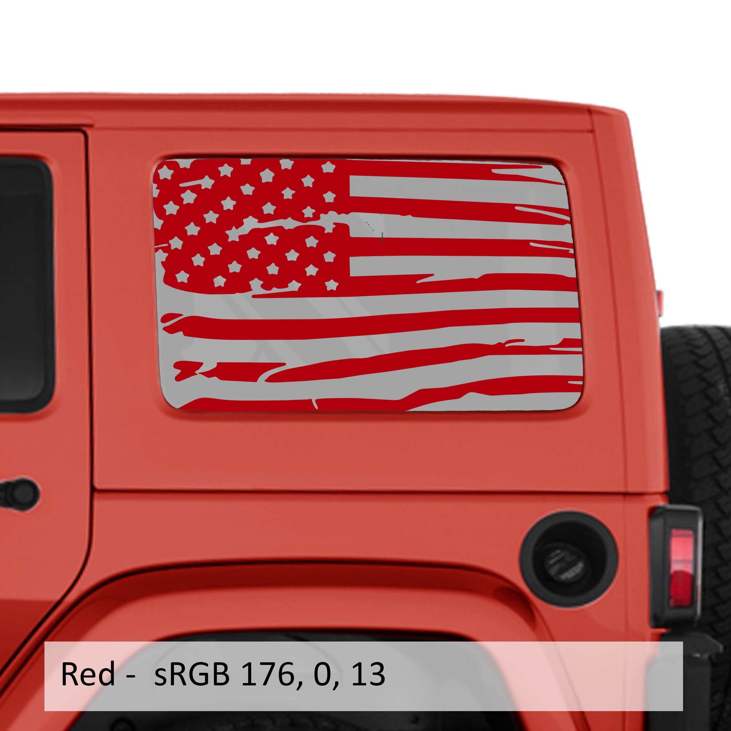 Red tattered American flag transfer decal installed on JKU hardtop window of red Jeep Wrangler