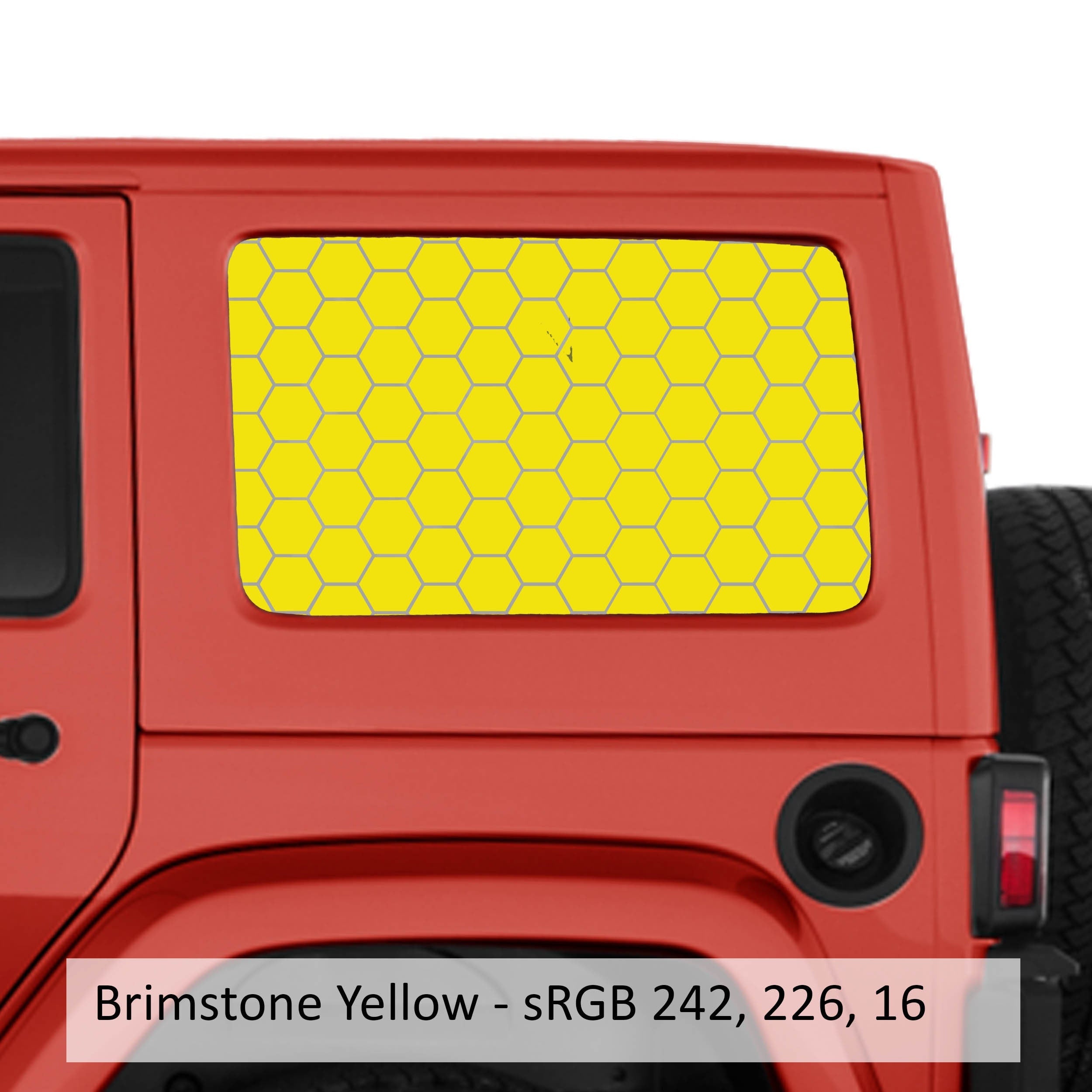 Black honeycomb hex mesh pattern hardtop window decal pair installed on black Jeep Wrangler JKU