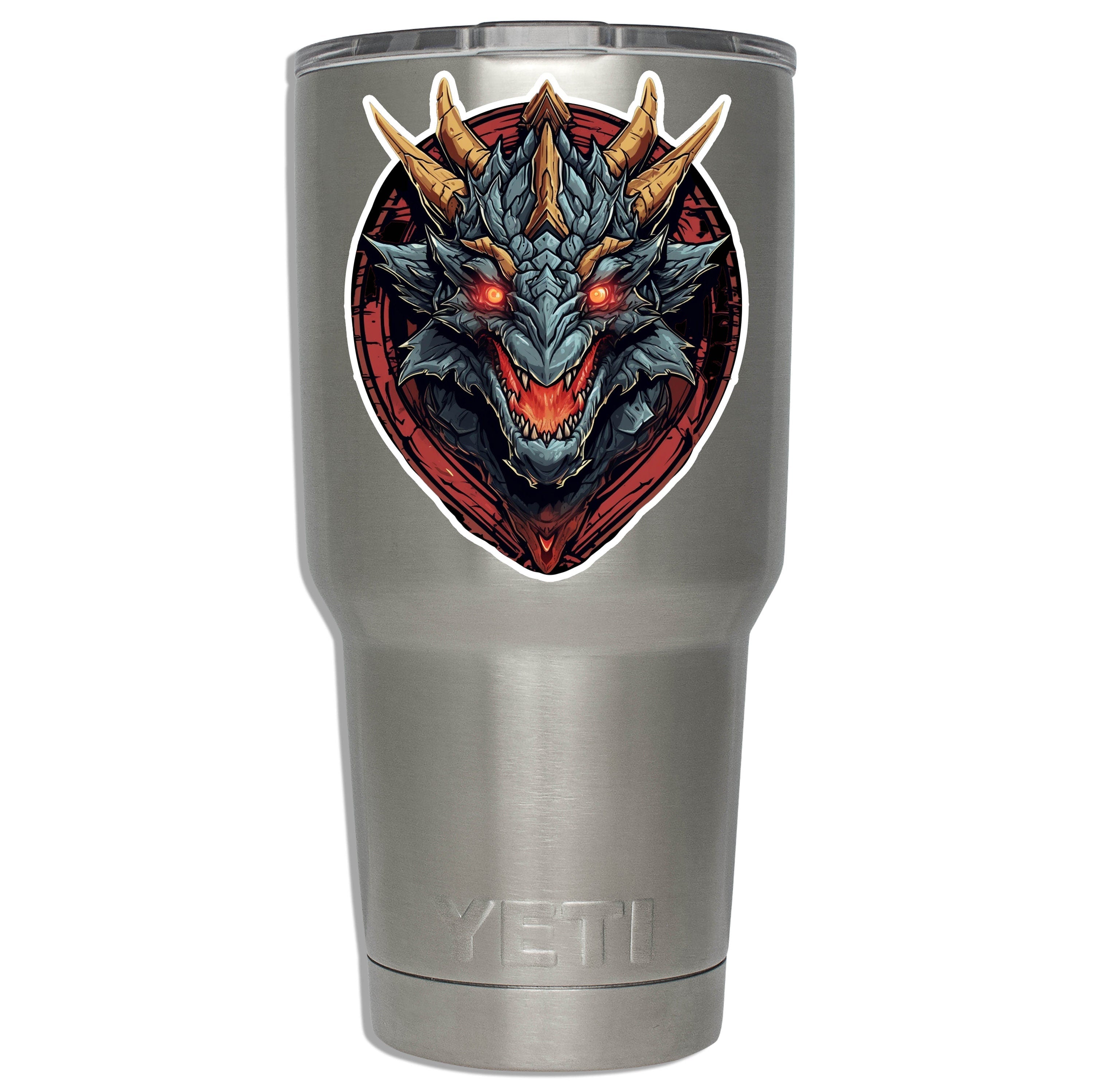 Black dragon head sticker mounted on a stainless YETI tumbler showing applied size on insulated drinkware