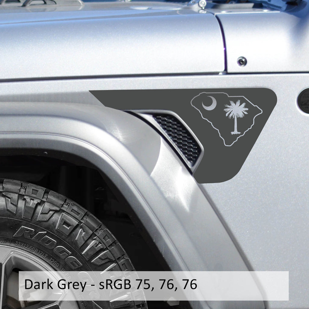 Dark grey South Carolina state flag fender vent decal installed on silver Jeep Wrangler JL Gladiator