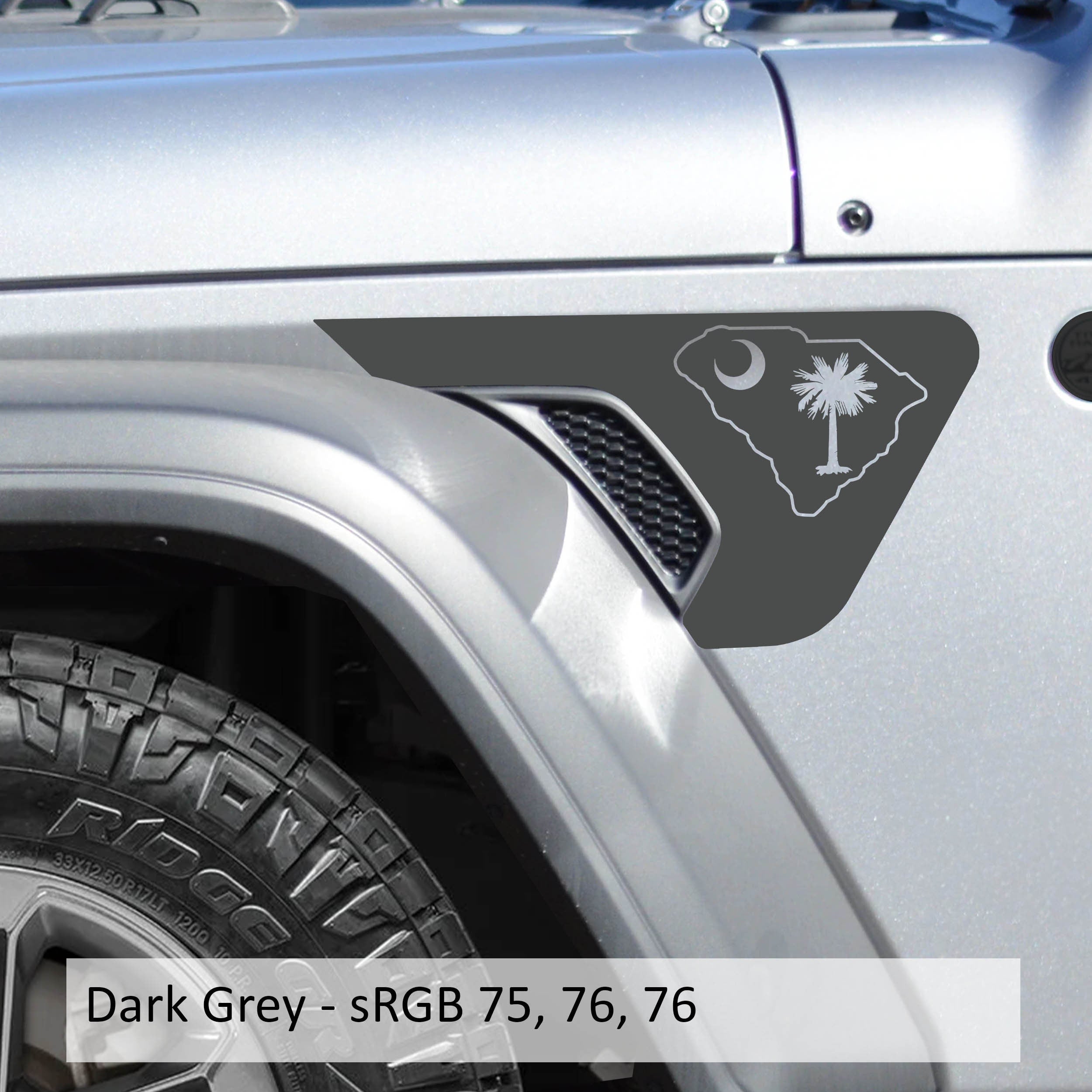 Dark grey South Carolina state flag fender vent decal installed on silver Jeep Wrangler JL Gladiator
