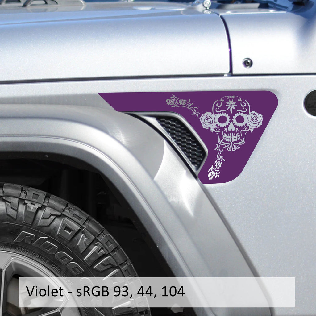 Violet sugar skull fender vent decal installed on silver Jeep Wrangler JL Gladiator billet vent