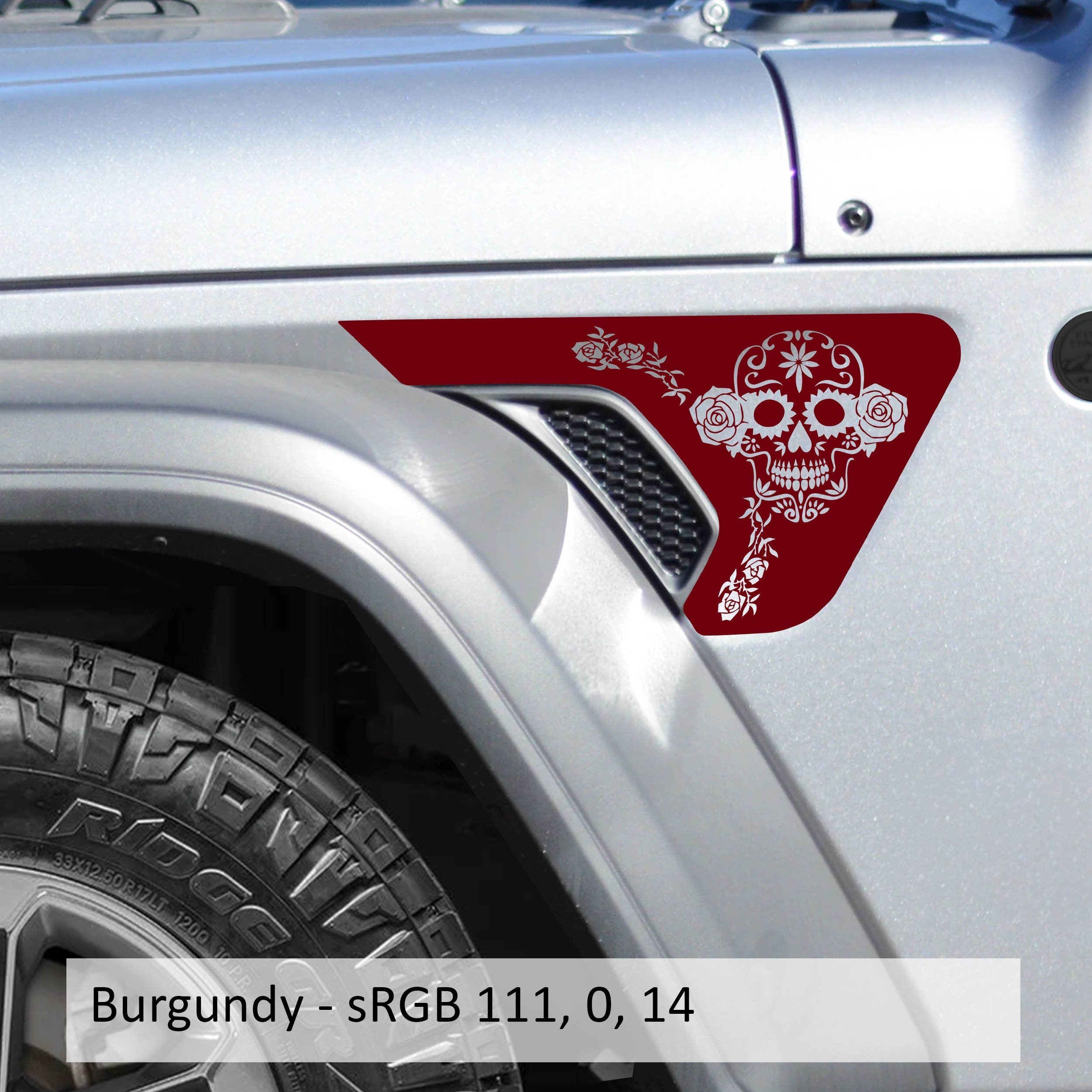 Burgundy sugar skull fender vent decal installed on silver Jeep Wrangler JL Gladiator billet vent