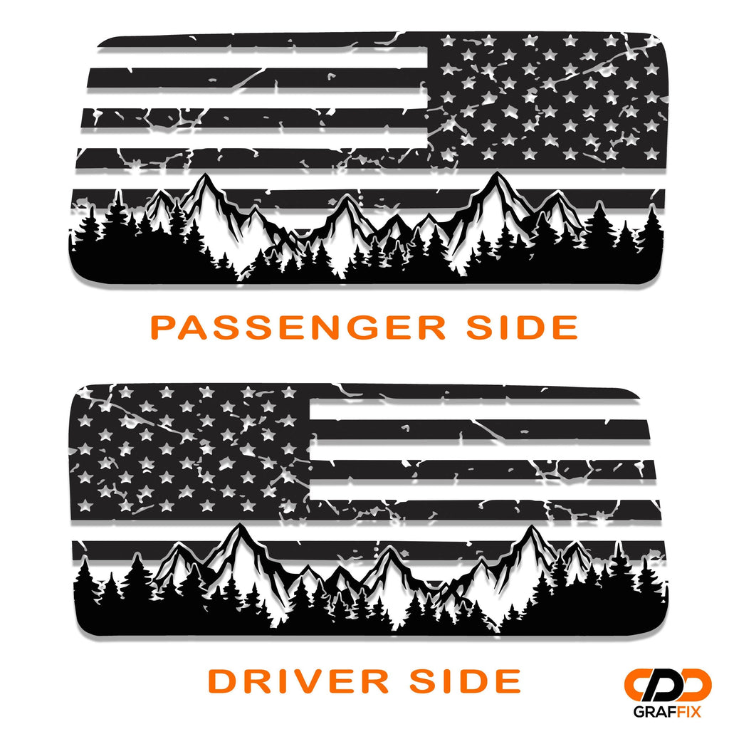 Mountain Tattered American Flag Window Decal Set | Fits Jeep Wrangler JK 2-Door 2007–2018 Hardtop | Patriotic Rear Side Graphic Kit