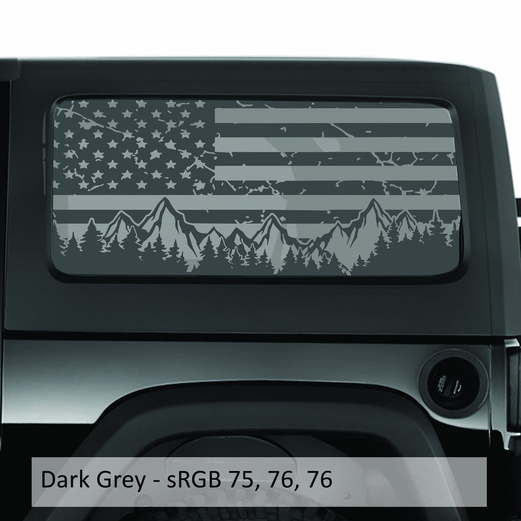 Mountain Tattered American Flag Window Decal Set | Fits Jeep Wrangler JK 2-Door 2007–2018 Hardtop | Patriotic Rear Side Graphic Kit