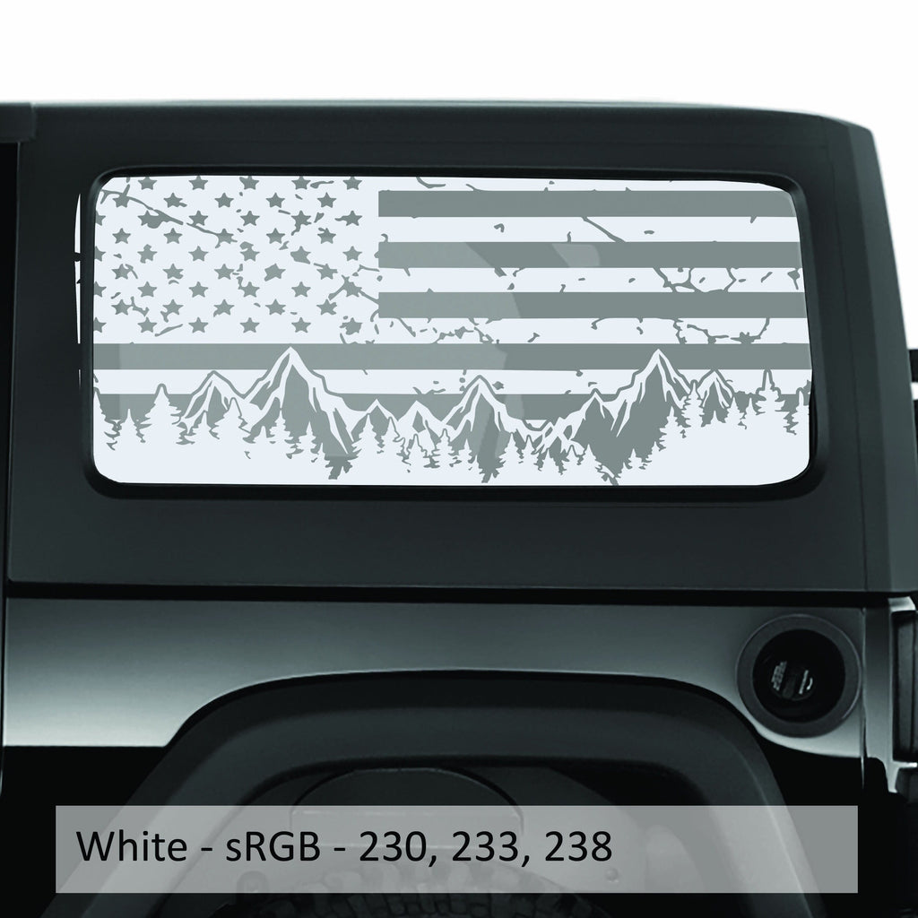 Mountain Tattered American Flag Window Decal Set | Fits Jeep Wrangler JK 2-Door 2007–2018 Hardtop | Patriotic Rear Side Graphic Kit