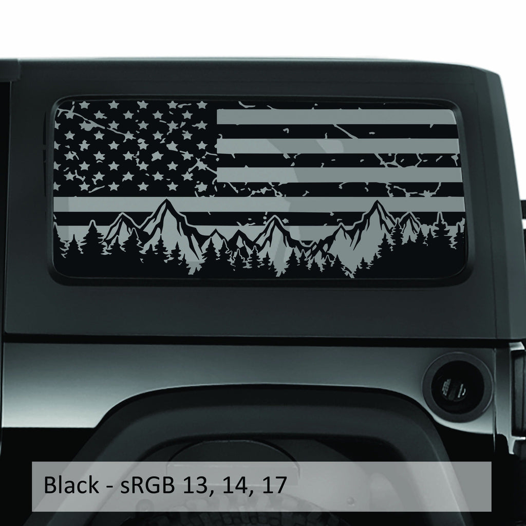 Mountain Tattered American Flag Window Decal Set | Fits Jeep Wrangler JK 2-Door 2007–2018 Hardtop | Patriotic Rear Side Graphic Kit