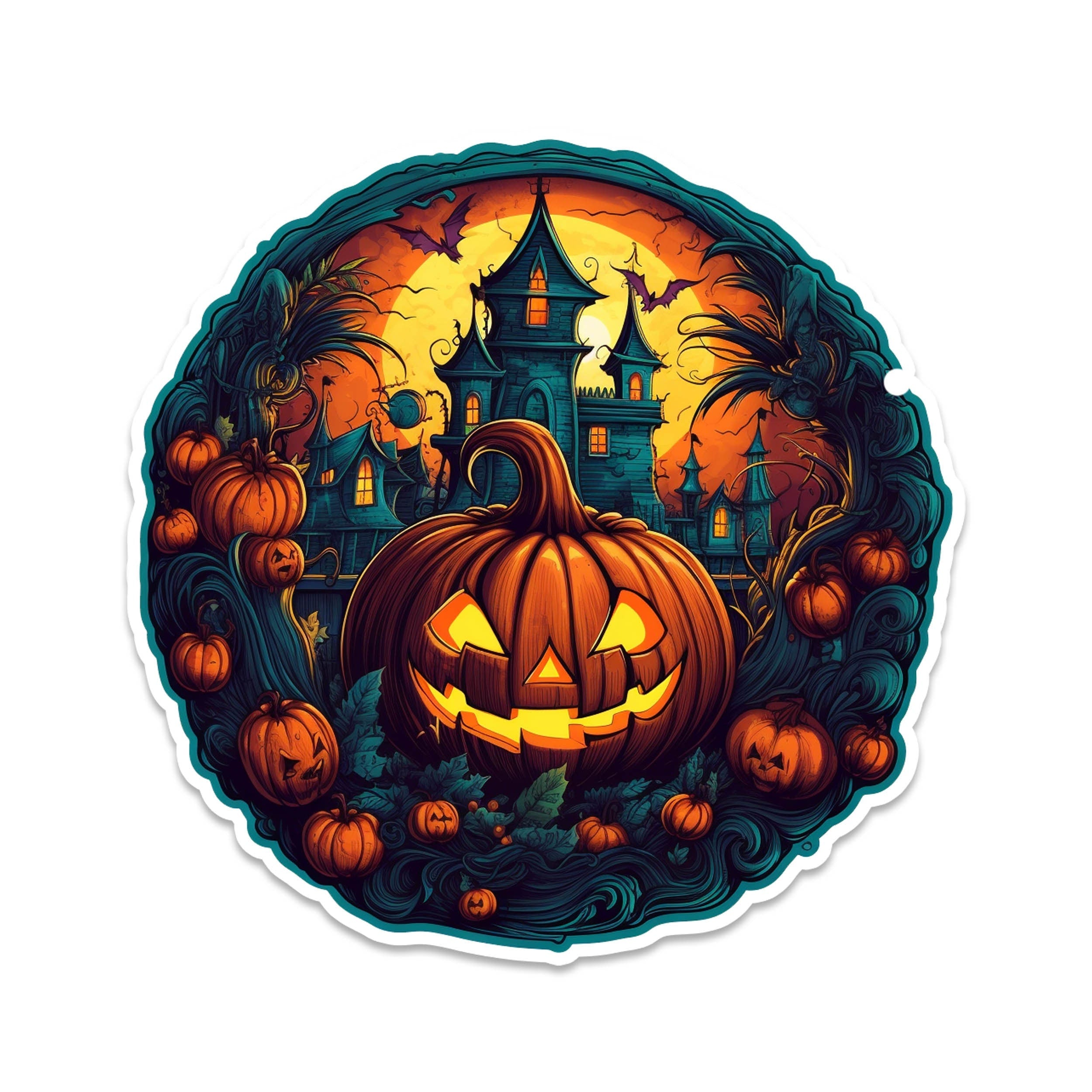 Haunted House Pumpkin Patch Halloween Vinyl Sticker Jack O Lantern Spooky Collectible Decal for Laptop Water Bottle or Car
