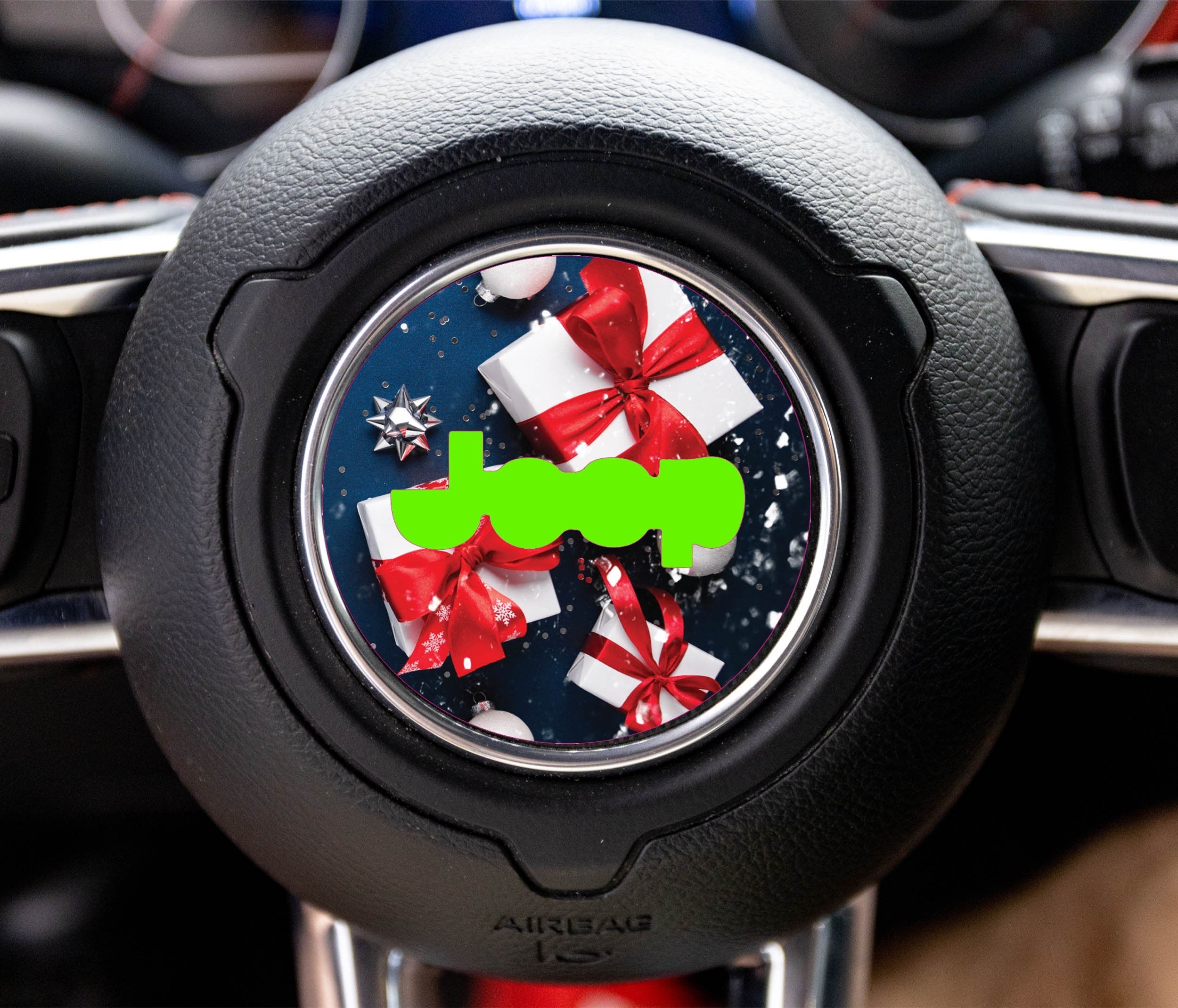 Red and White Christmas Gifts Steering Wheel Decal Overlay Holiday Horn Wrap Accessory for Jeep Gladiator Wrangler Cherokee Style Interior