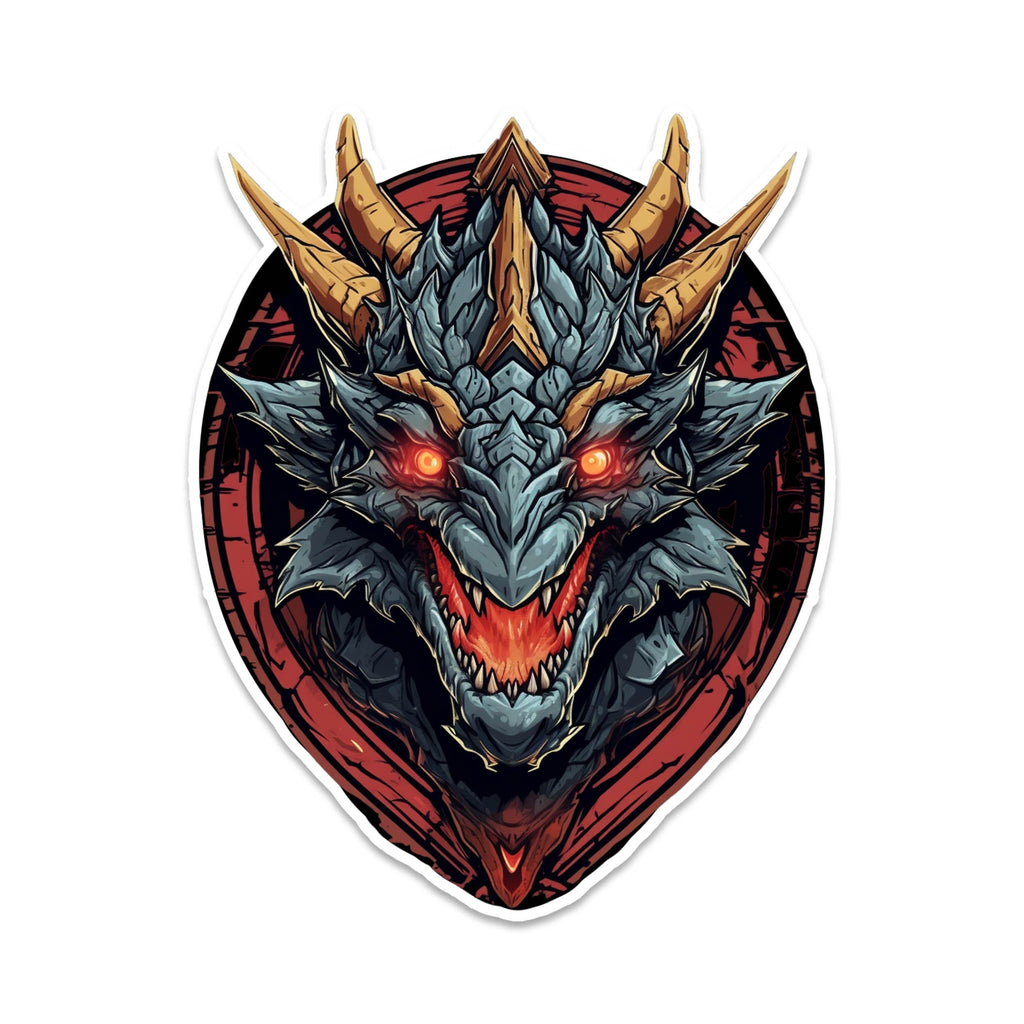 Mounted black dragon head sticker with glowing red eyes gold horns and fanged snarl on a deep red shield crest