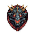 Mounted black dragon head sticker with glowing red eyes gold horns and fanged snarl on a deep red shield crest
