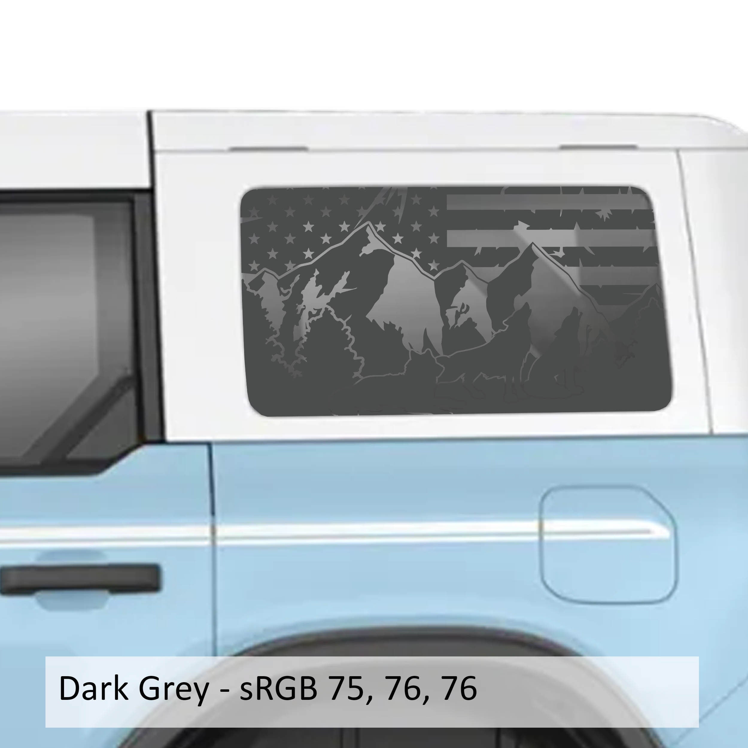 Wolf Mountain American Flag Rear Quarter Window Decals Fits 2021+ 4 Door Bronco Hardtops