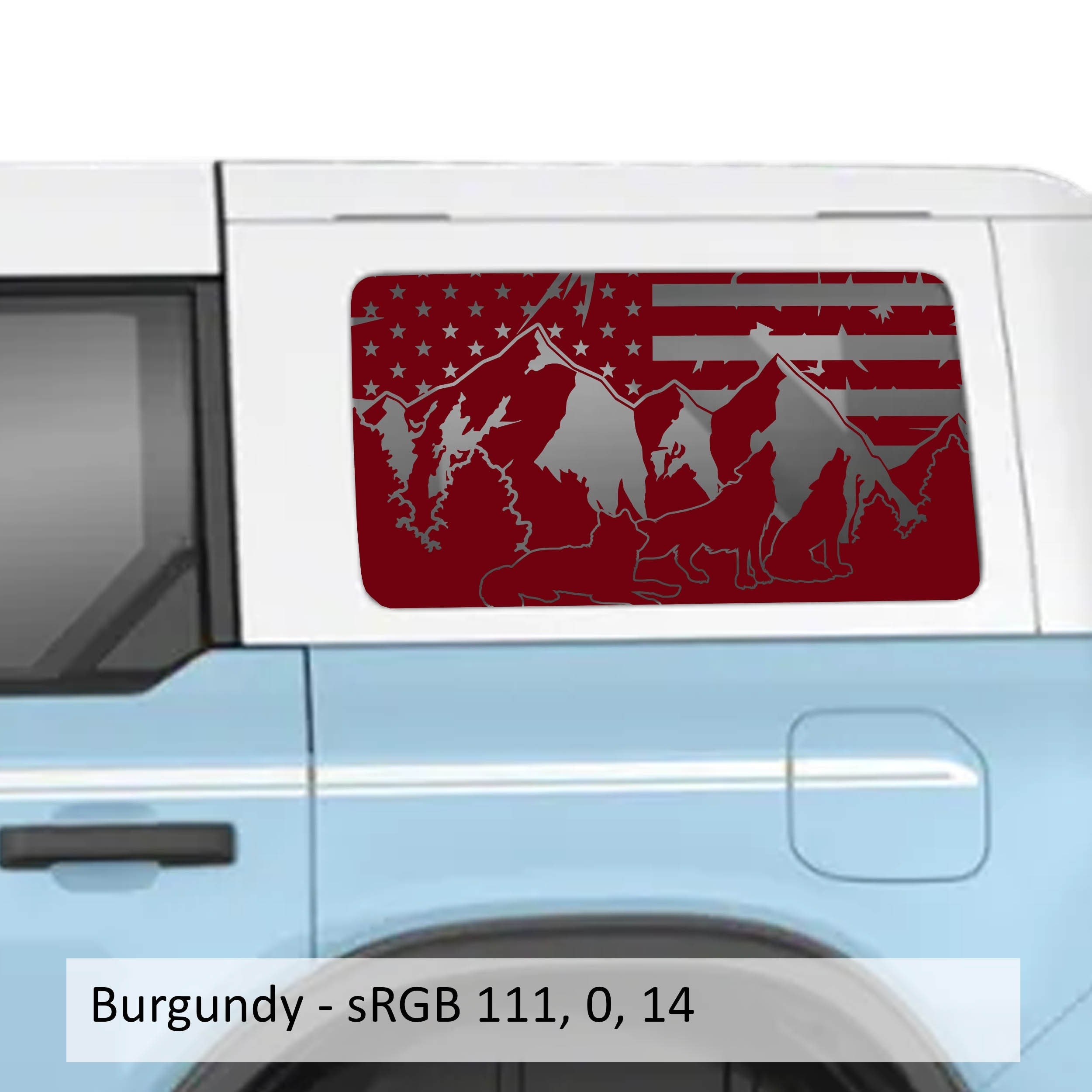 Wolf Mountain American Flag Rear Quarter Window Decals Fits 2021+ 4 Door Bronco Hardtops