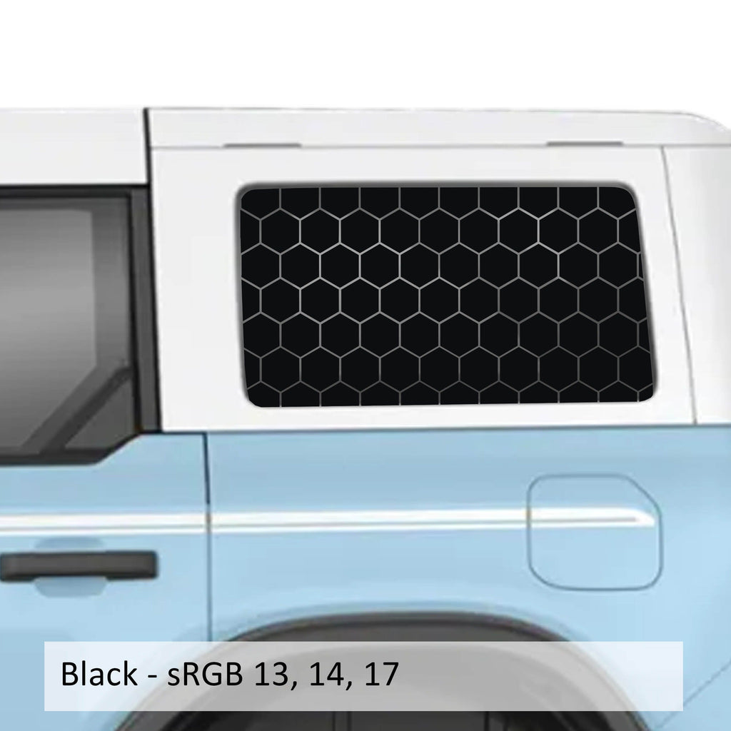 Hex Honeycomb Pattern Rear Quarter Window Decals for 2021 and Newer 4 Door Bronco Hardtops Durable Custom Off-Road Design