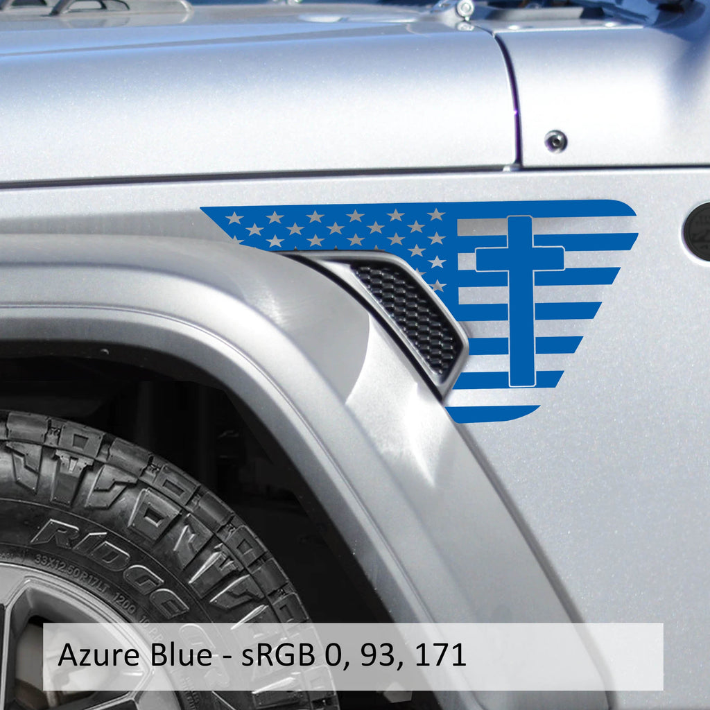 Cross On American Flag Fender Vent Vinyl Decal - Fits Jeep Wrangler JL/Jeep Gladiator JT 2018+
