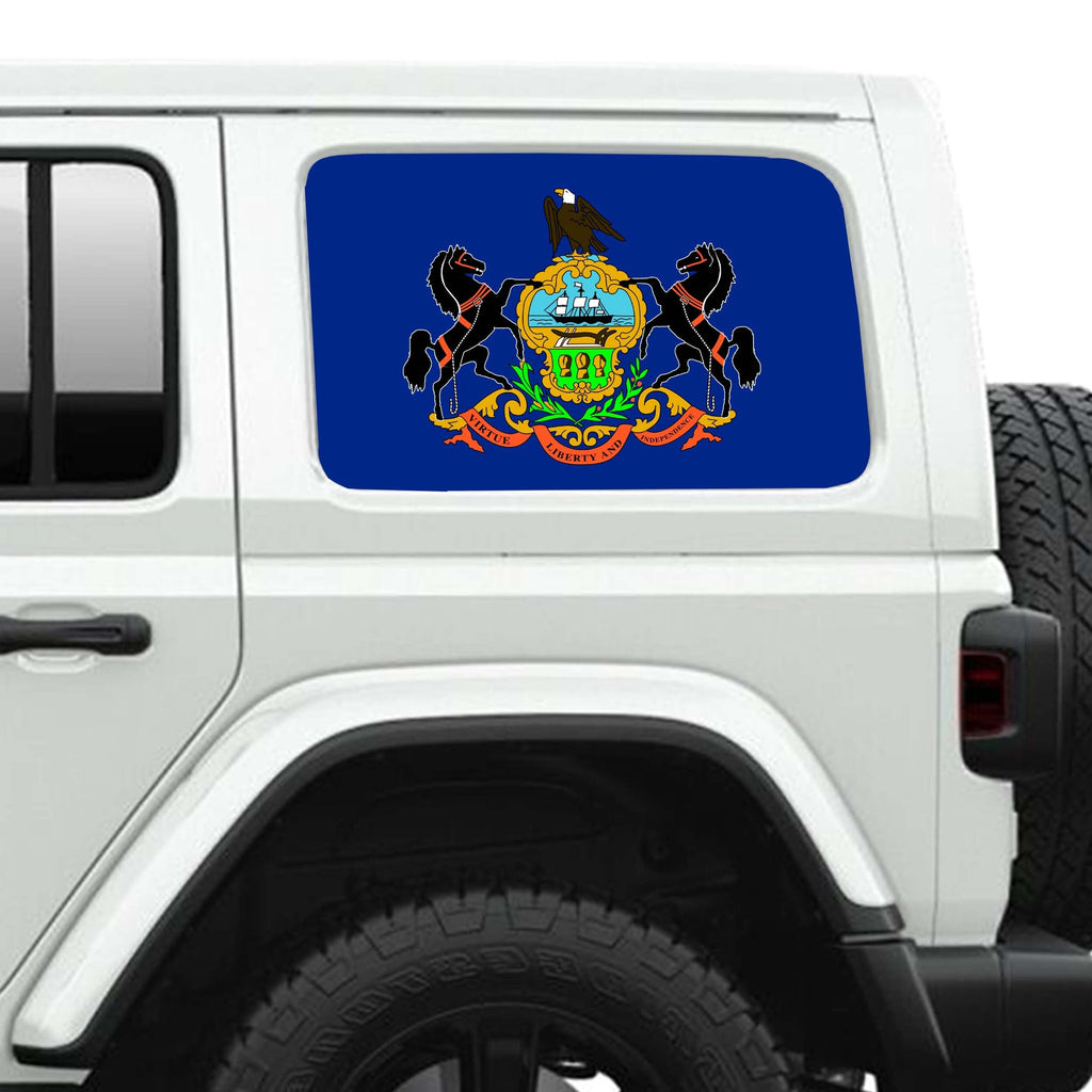 Pennsylvania State Flag Side Windows Printed Perforated See-Thru Vinyl Decal - Fits 2&4 Door Jeep Wranglers 2007 - Present.