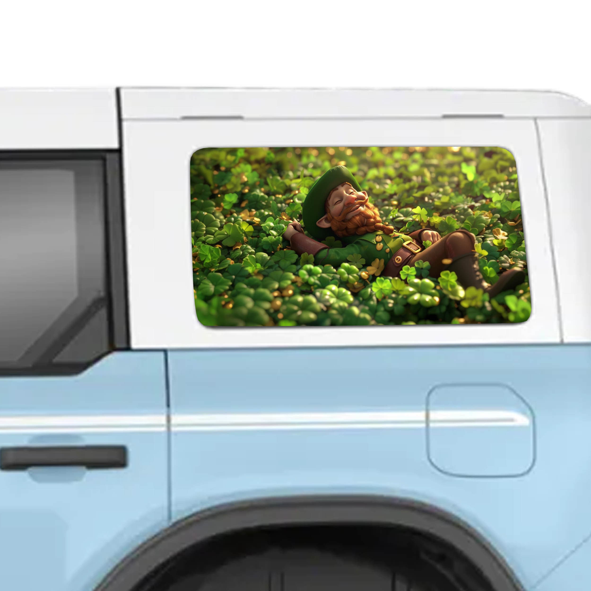 Saint Patrick's Day Leprechaun Clover Field See-Thru Rear Quarter Window Perforated Decals Fits 2021+ 4 Door Bronco Hardtops
