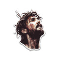 Watercolor Jesus head sticker wearing crown of thorns with bleeding brow gazing upward in religious art style