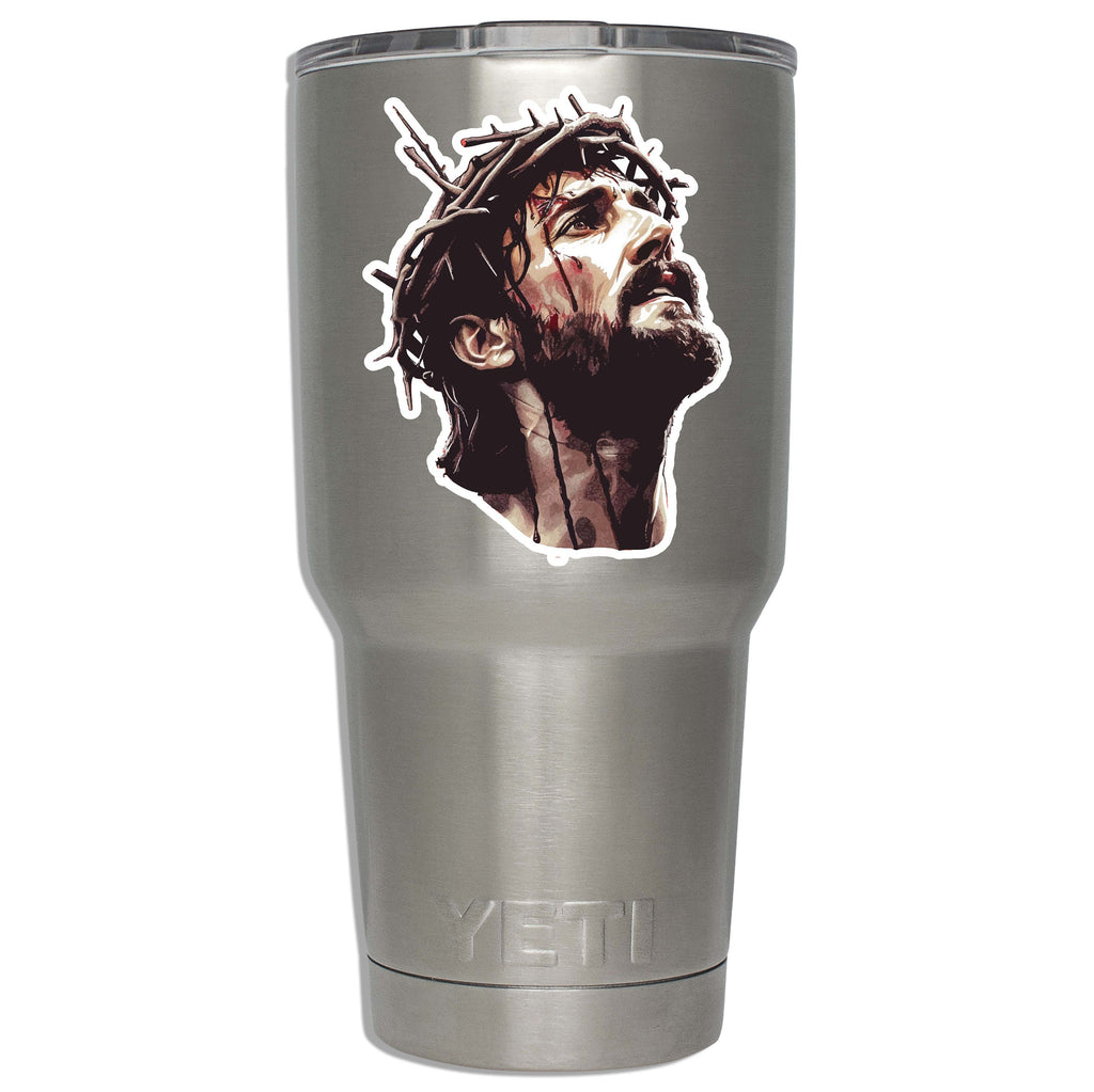 Crown of thorns Jesus decal mounted on a stainless YETI tumbler showing applied size on insulated drinkware