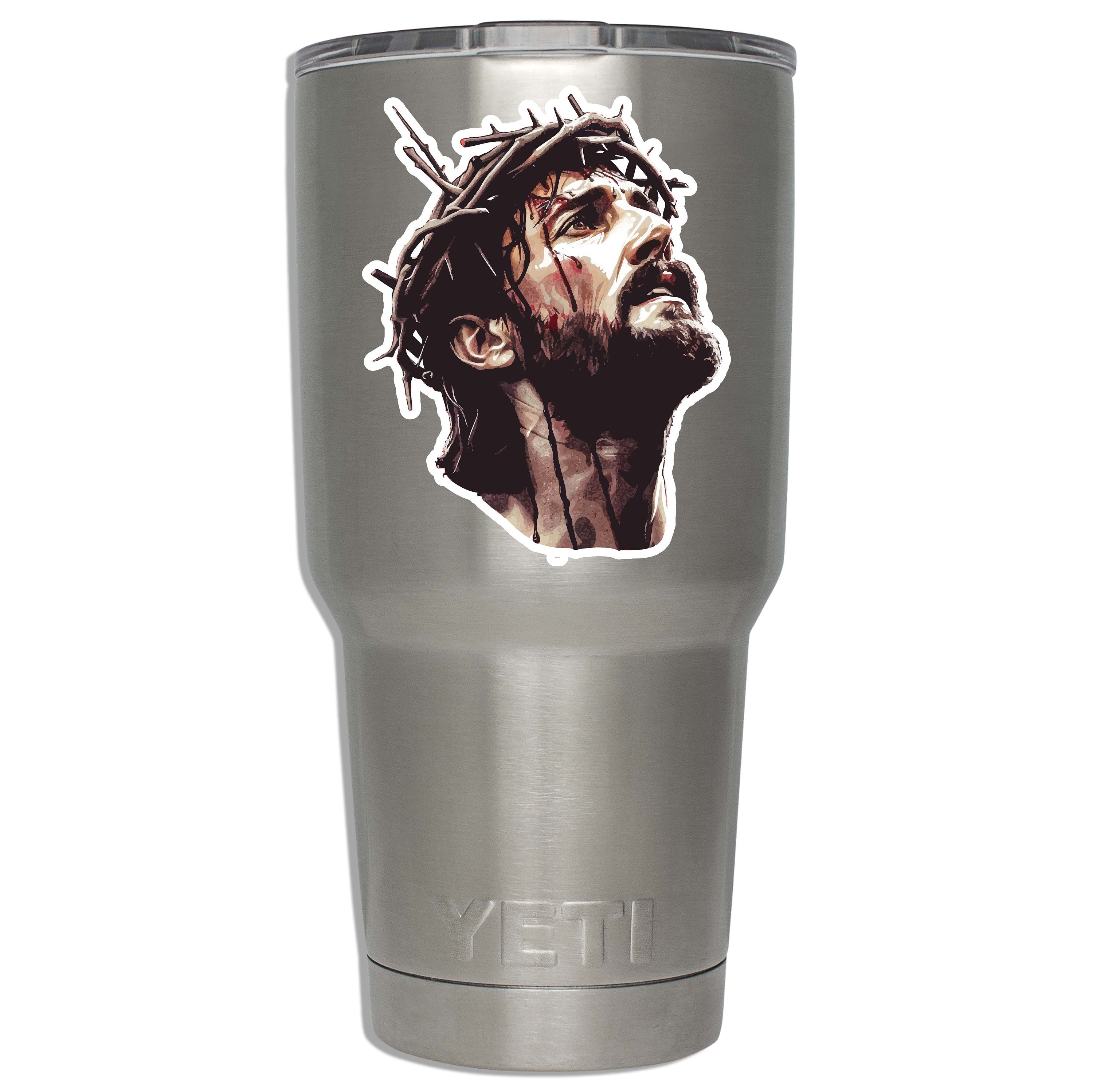 Crown of thorns Jesus decal mounted on a stainless YETI tumbler showing applied size on insulated drinkware