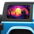 Halloween Haunted House Side Windows Printed Perforated See-Thru Vinyl Decal - Fits 2&4 Door Jeep Wranglers 2007 - Present.