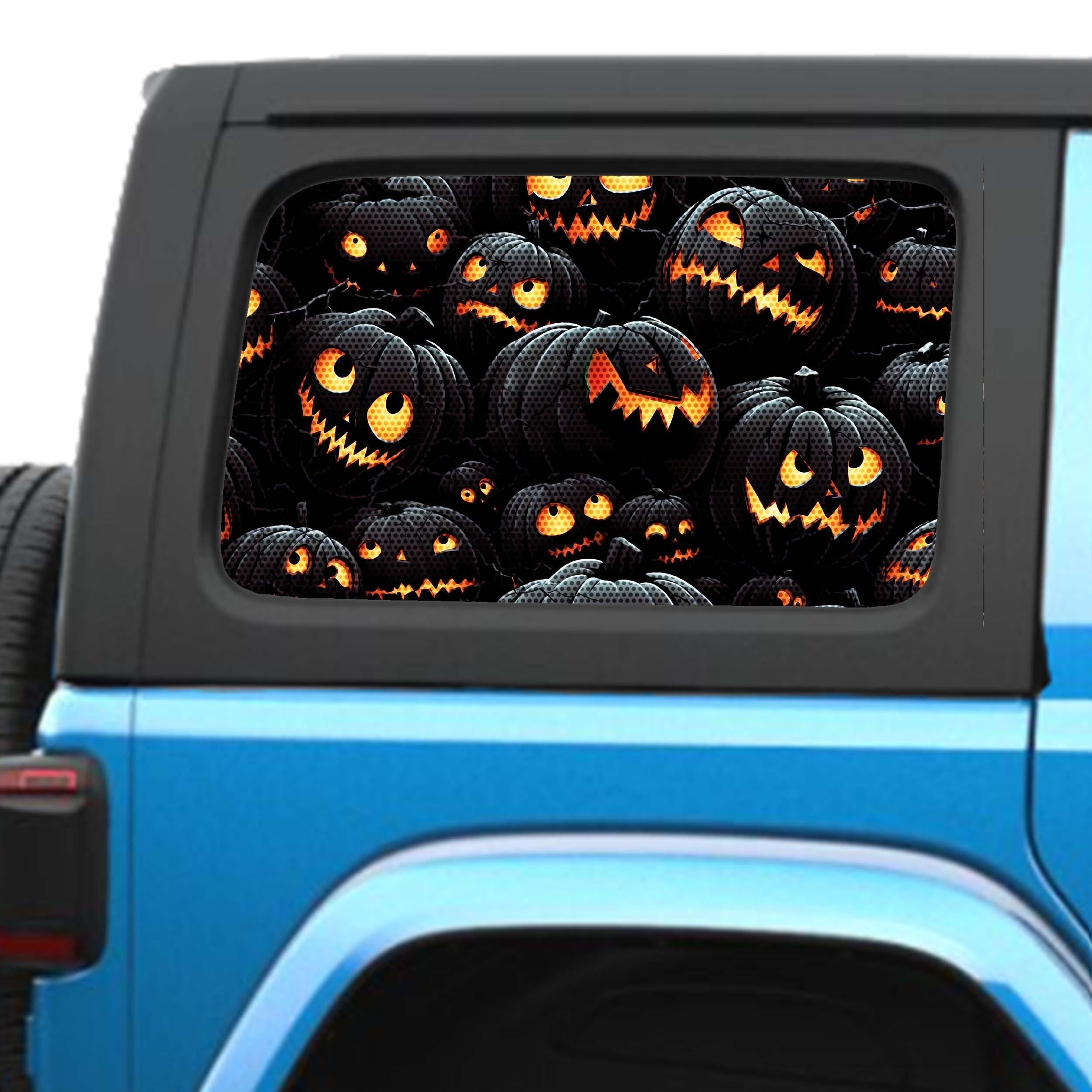 Halloween Shadow Pumpkin Patch Side Windows Printed Perforated See-Thru Vinyl Decal - Fits 2&4 Door Jeep Wranglers 2007 - Present