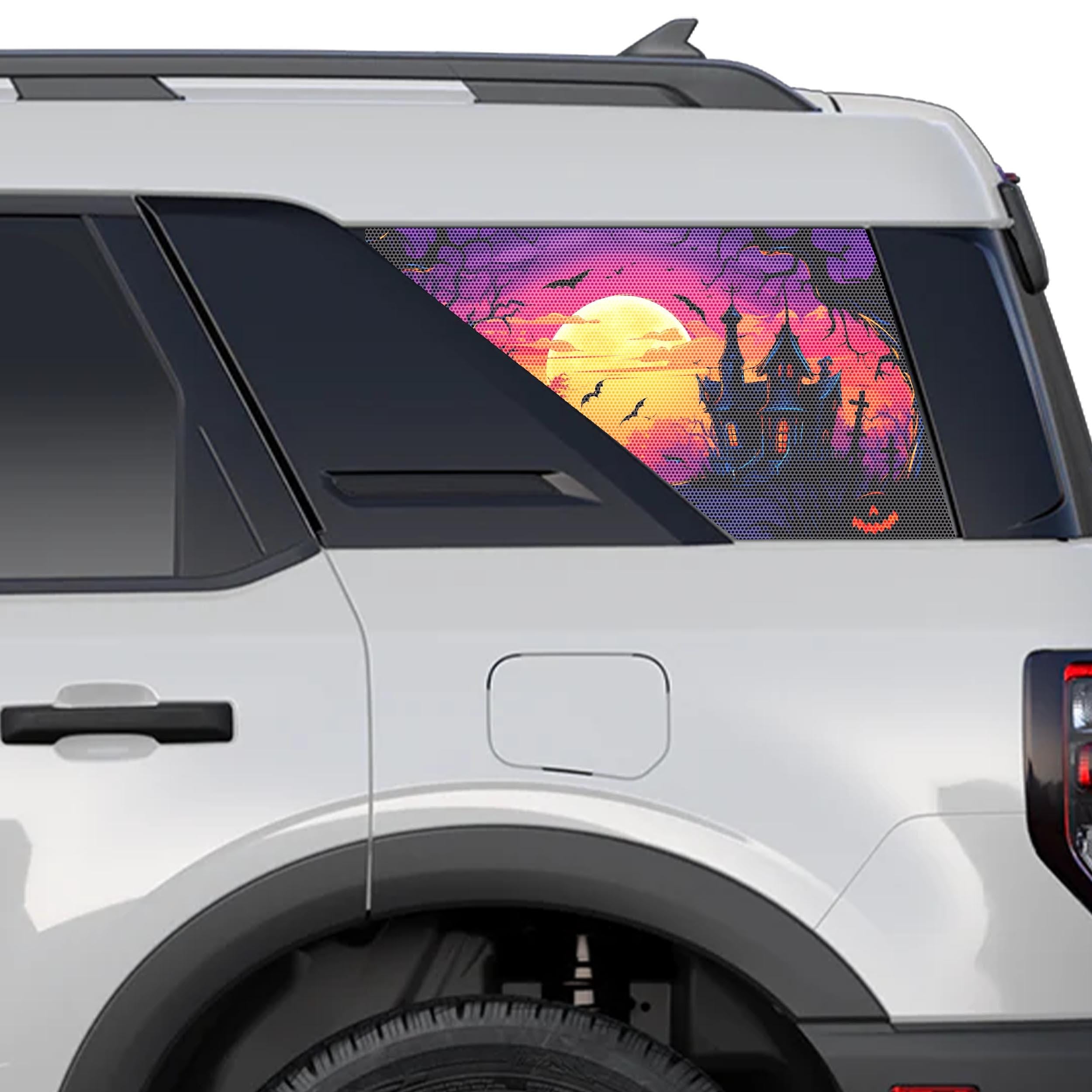 Halloween Haunted House Rear Side Perforated Vinyl See Thru Window Decals for 2021+ Ford Bronco Sport