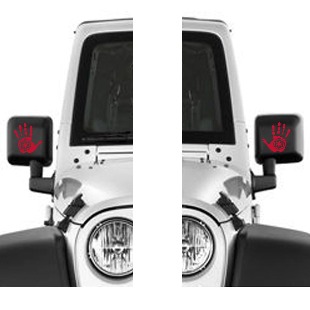 Mirrored pair of red Imperial Signet wave hand vinyl transfer decals shown on white background