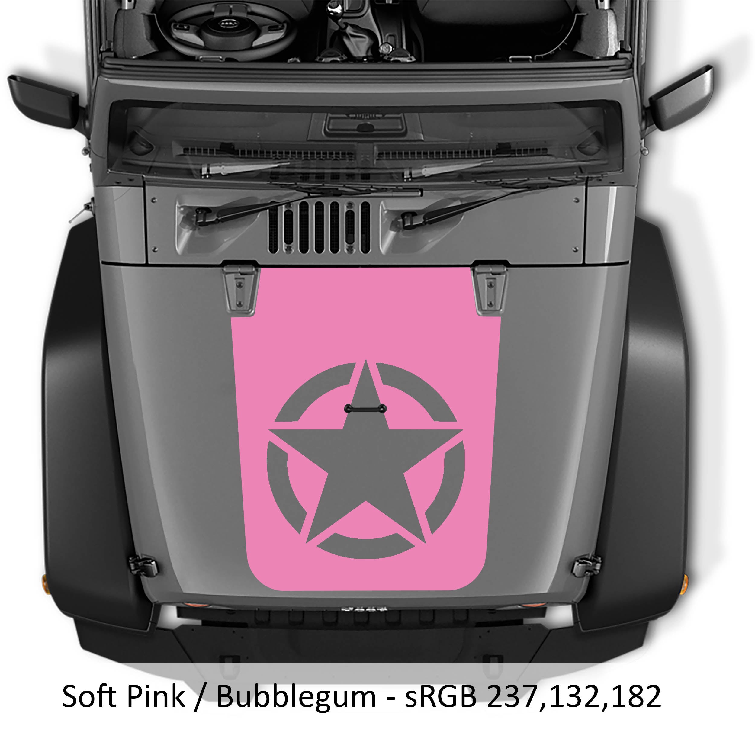Bright blue green Alpha Romeo military star blackout hood decal on Jeep JK Wrangler hood