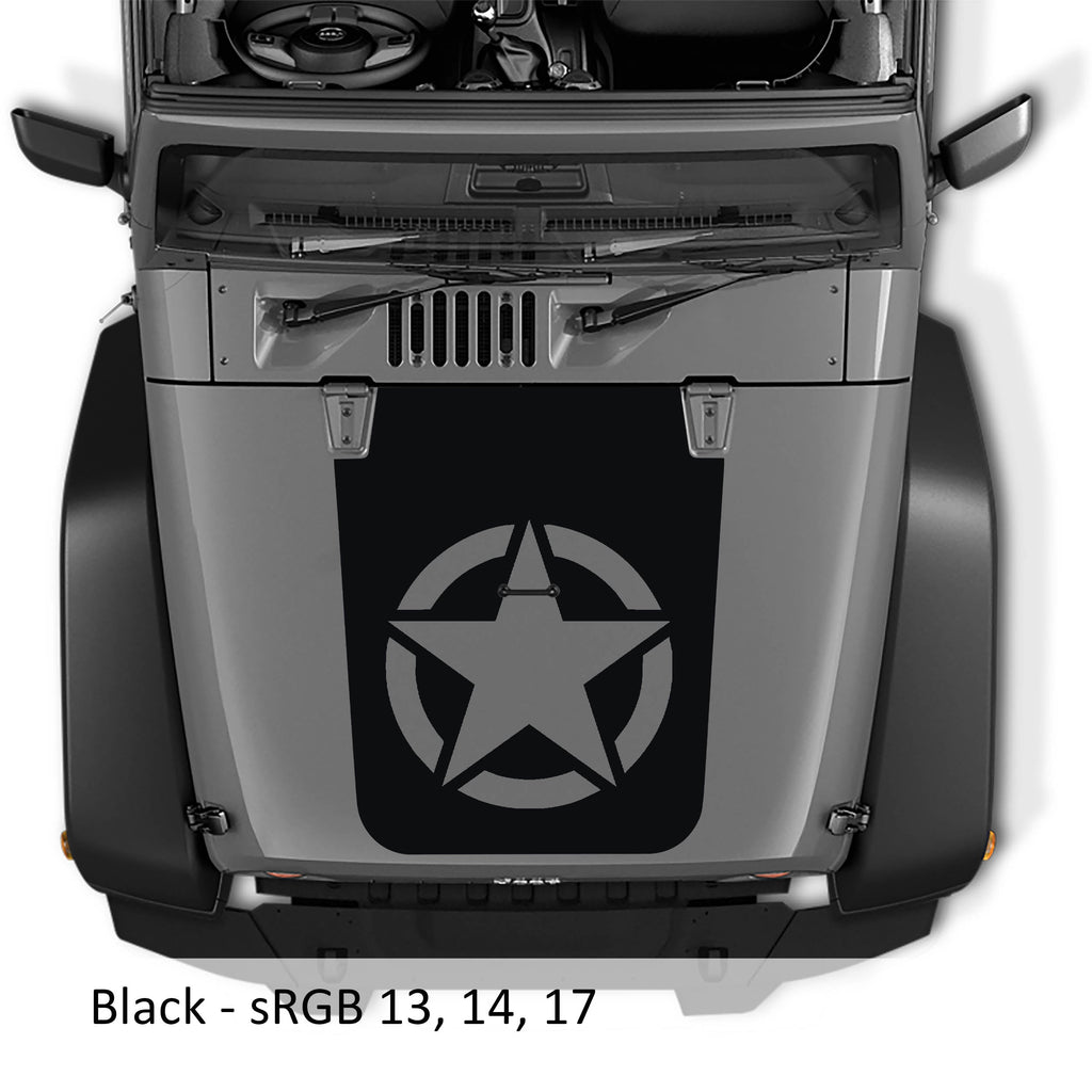 Black Alpha Romeo military star blackout hood vinyl decal pictured on Jeep JK Wrangler hood