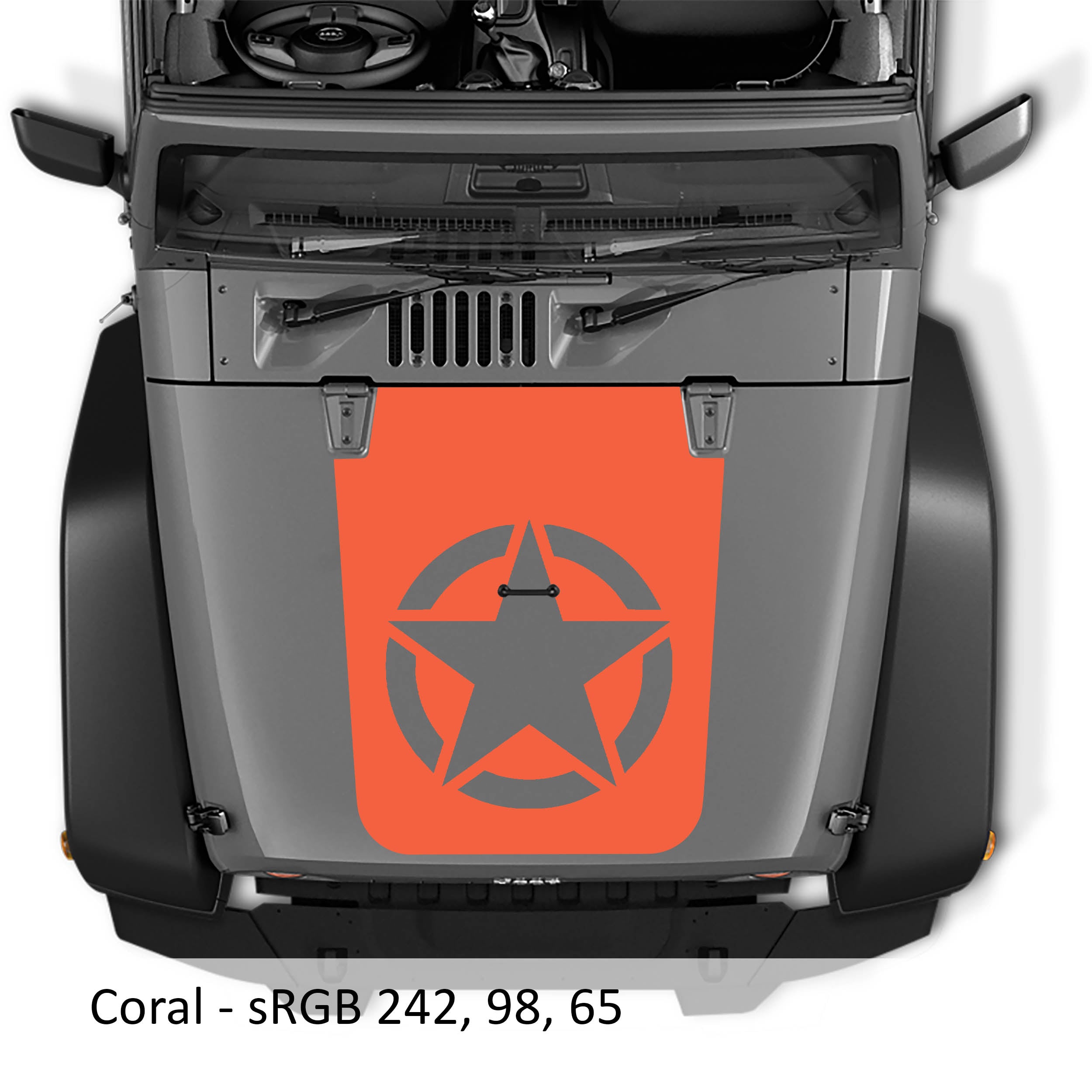 Coral Alpha Romeo military star blackout hood vinyl decal pictured on Jeep JK Wrangler