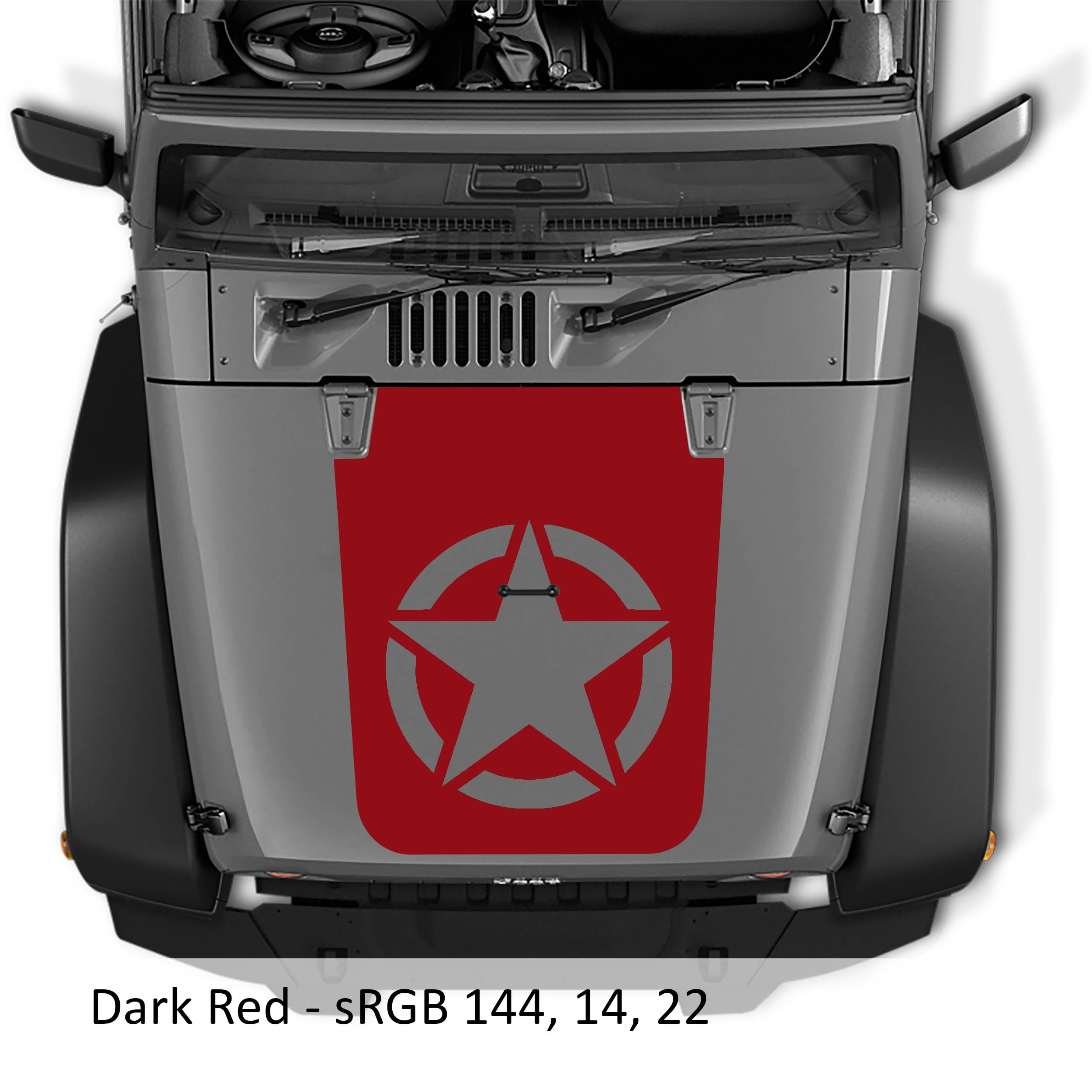 Dark red Alpha Romeo military star blackout hood decal pictured on Jeep JK JKU Wrangler