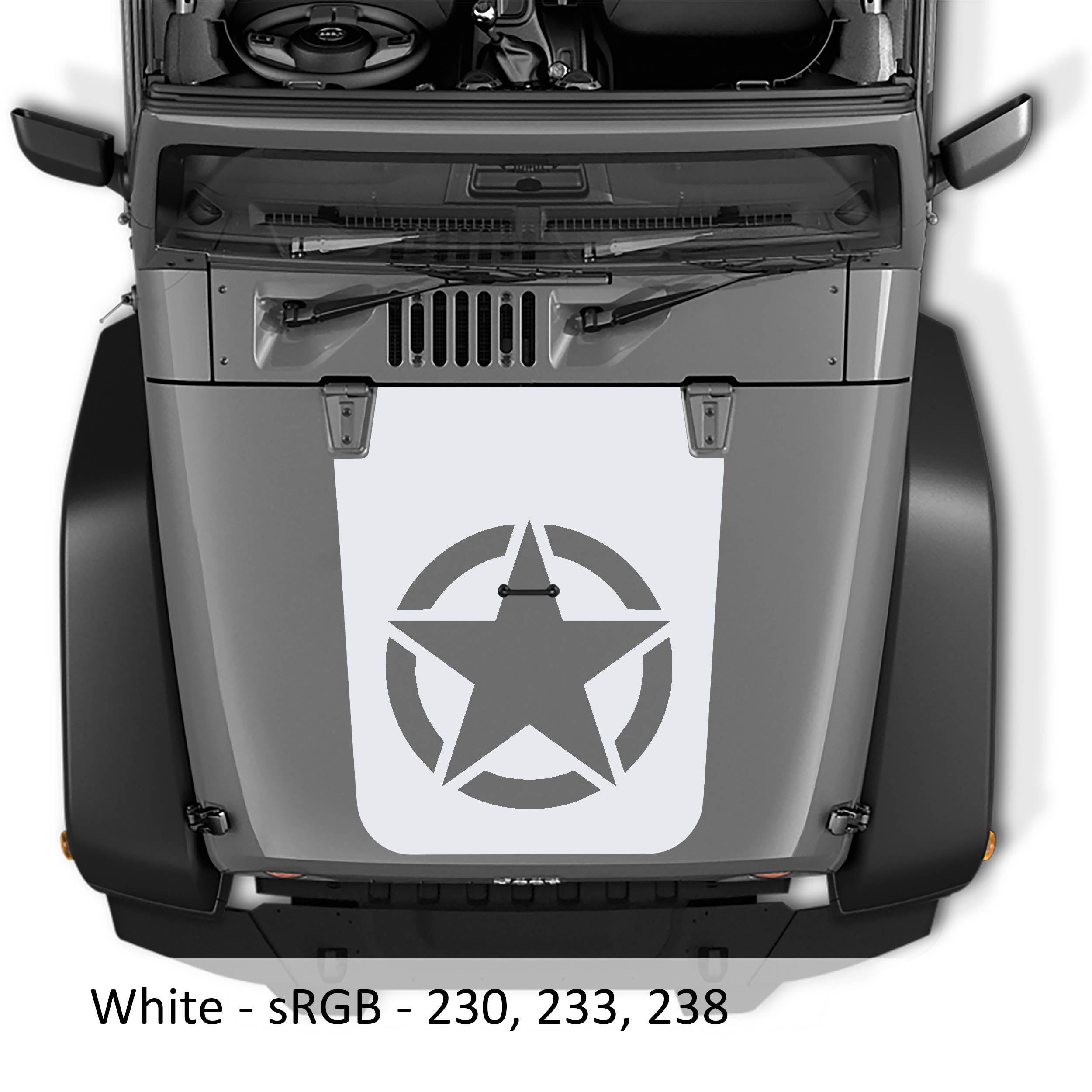 White Alpha Romeo military star blackout hood decal pictured on Jeep JK Wrangler