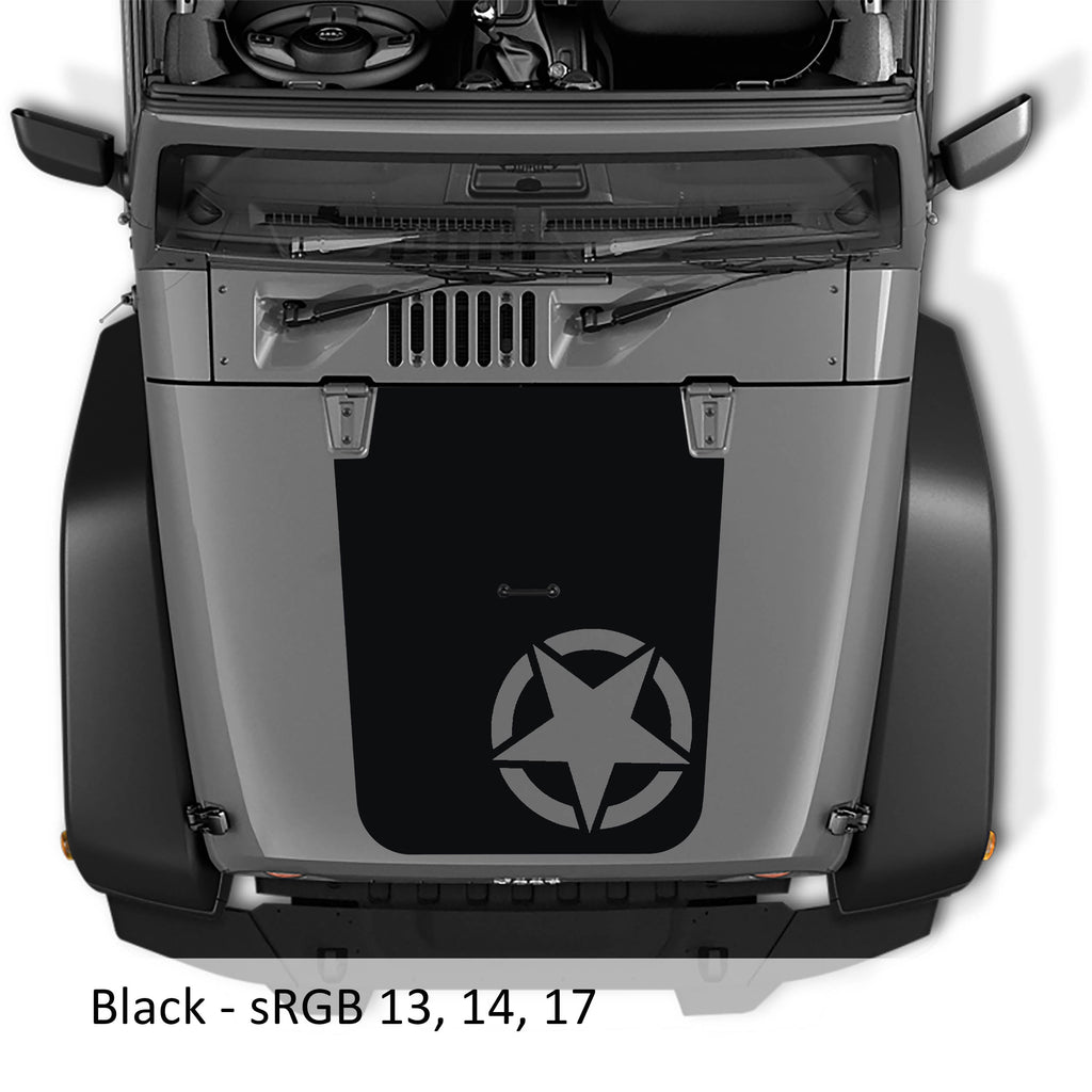 Black Alpha Romeo Star V2 blackout hood vinyl decal pictured on Jeep JK Wrangler