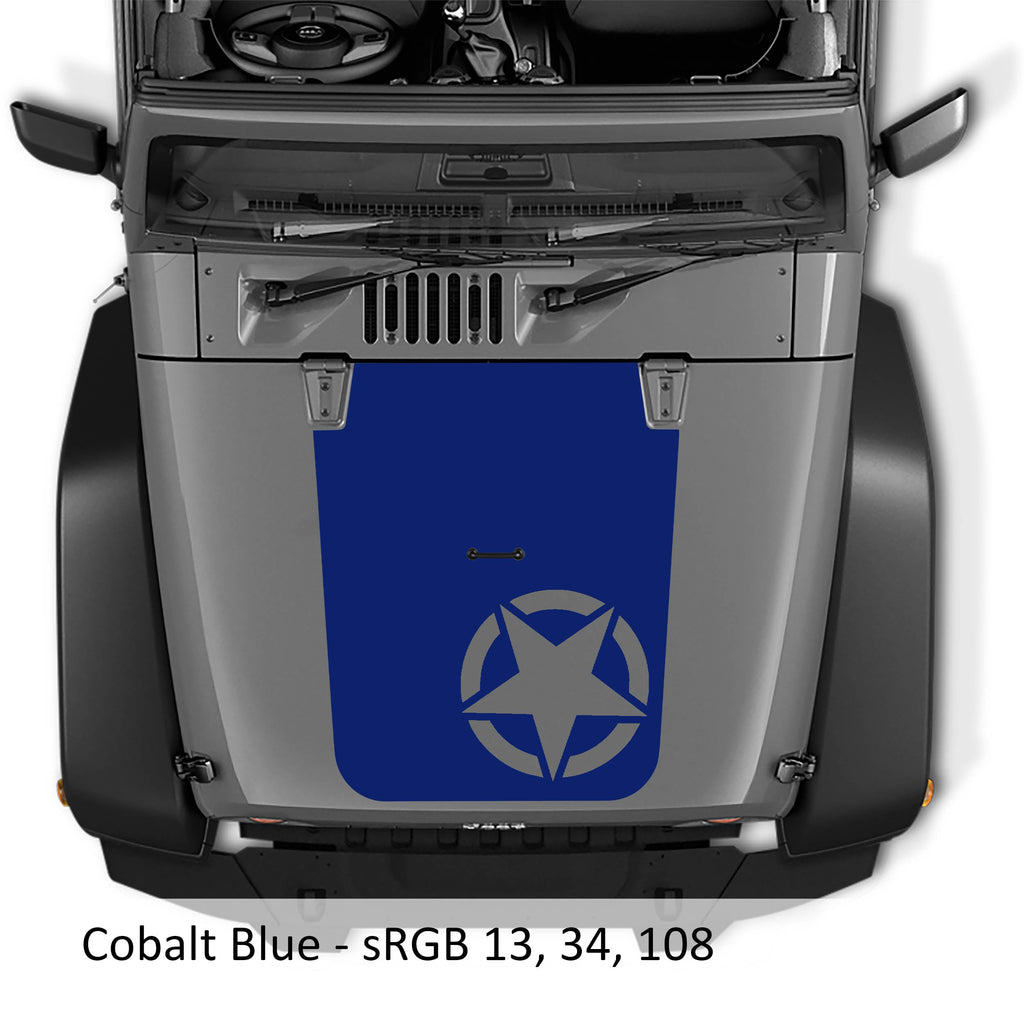 Cobalt blue Alpha Romeo Star V2 blackout hood decal on Jeep JK JKU Wrangler hood