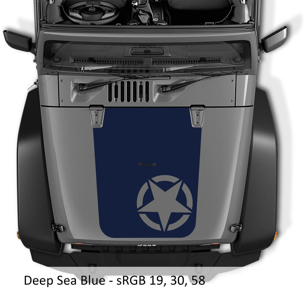 Deep sea blue Alpha Romeo Star V2 blackout hood vinyl decal on Jeep JK Wrangler hood