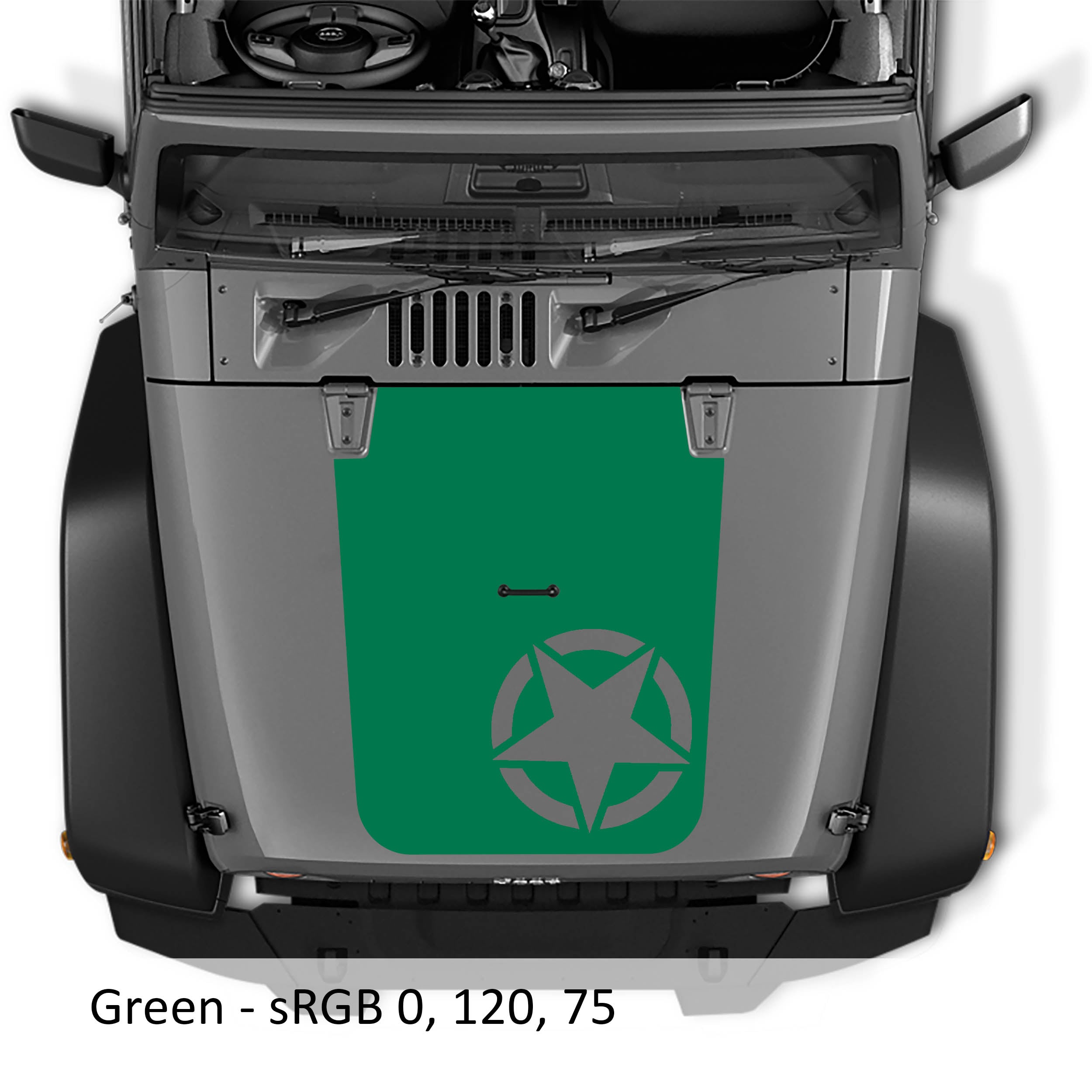 Green Alpha Romeo Star V2 blackout hood vinyl decal pictured on Jeep JK Wrangler