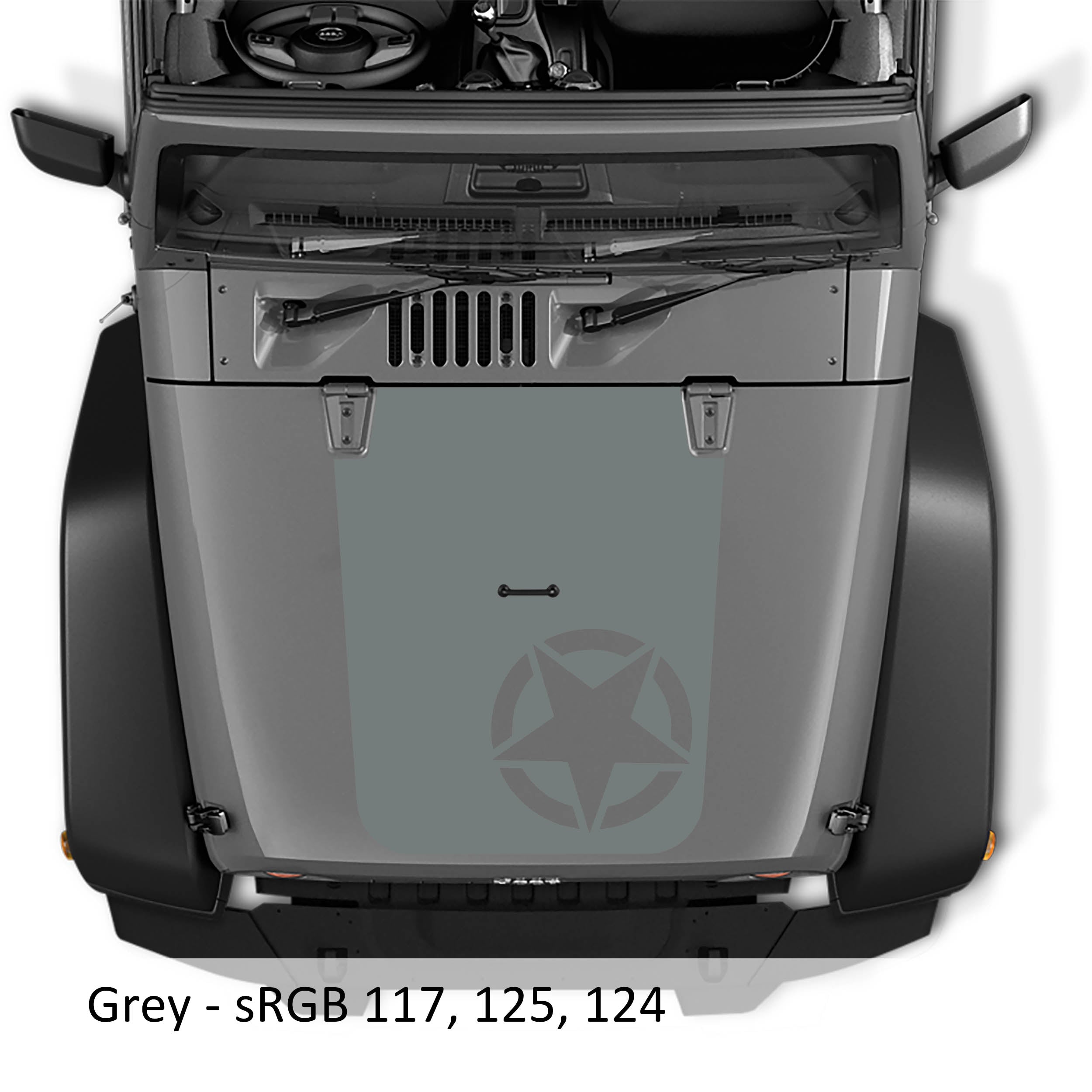 Gray Alpha Romeo Star V2 blackout hood vinyl decal pictured on Jeep JK Wrangler hood