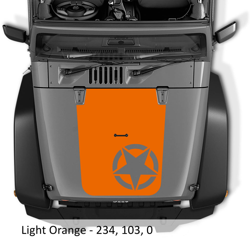 Light orange Alpha Romeo Star V2 blackout hood decal pictured on Jeep JK JKU Wrangler